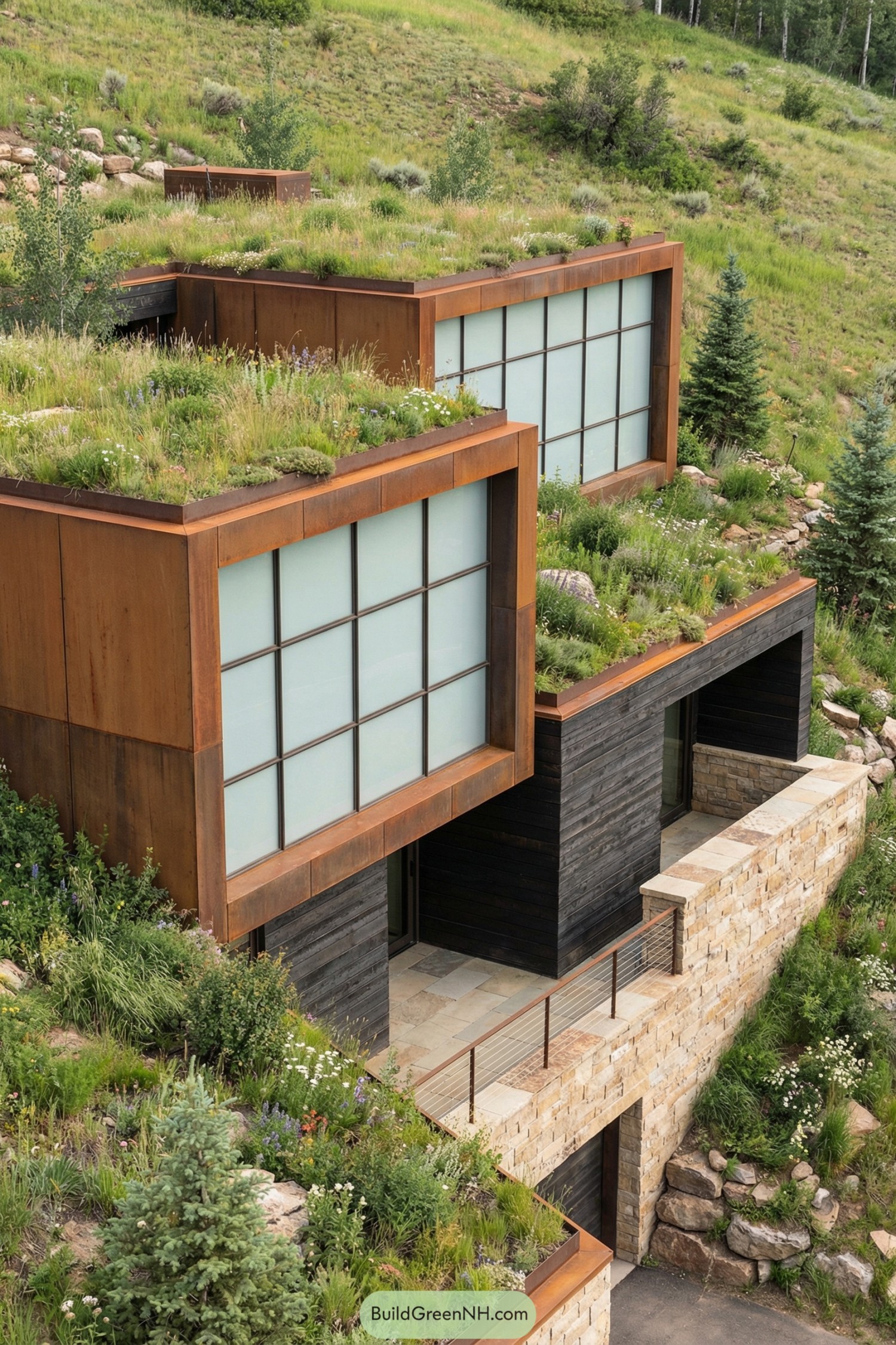 Modern terraced mountain home with rusted steel frames, frosted glass walls, and lush green roofs blending into the hillside