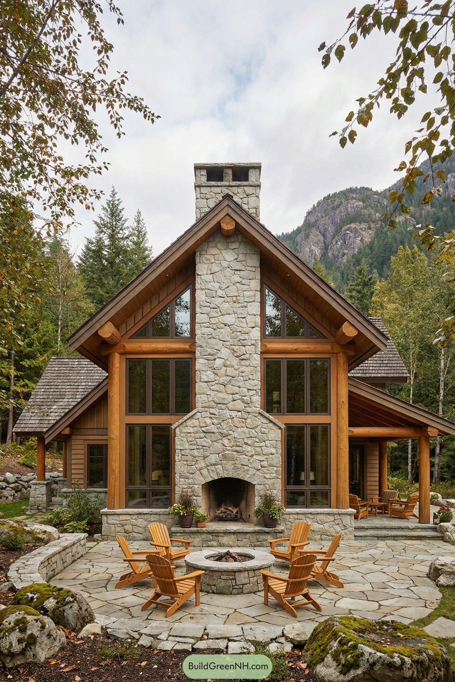 Mountain cabin with tall stone chimney, timber framing, and circular firepit patio surrounded by forested hills