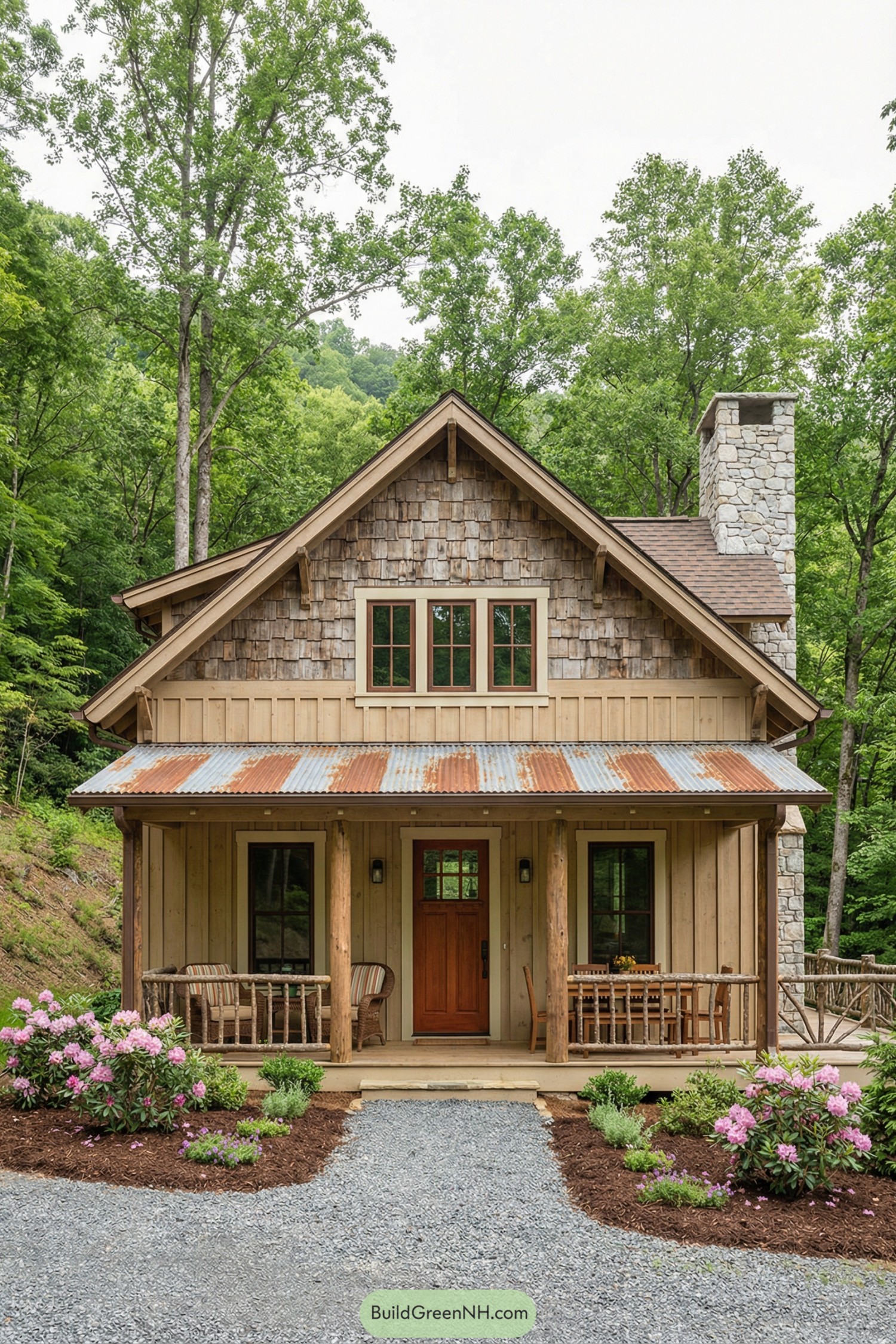 Wood cabin with tin roof and stone chimney nestled in lush green forest