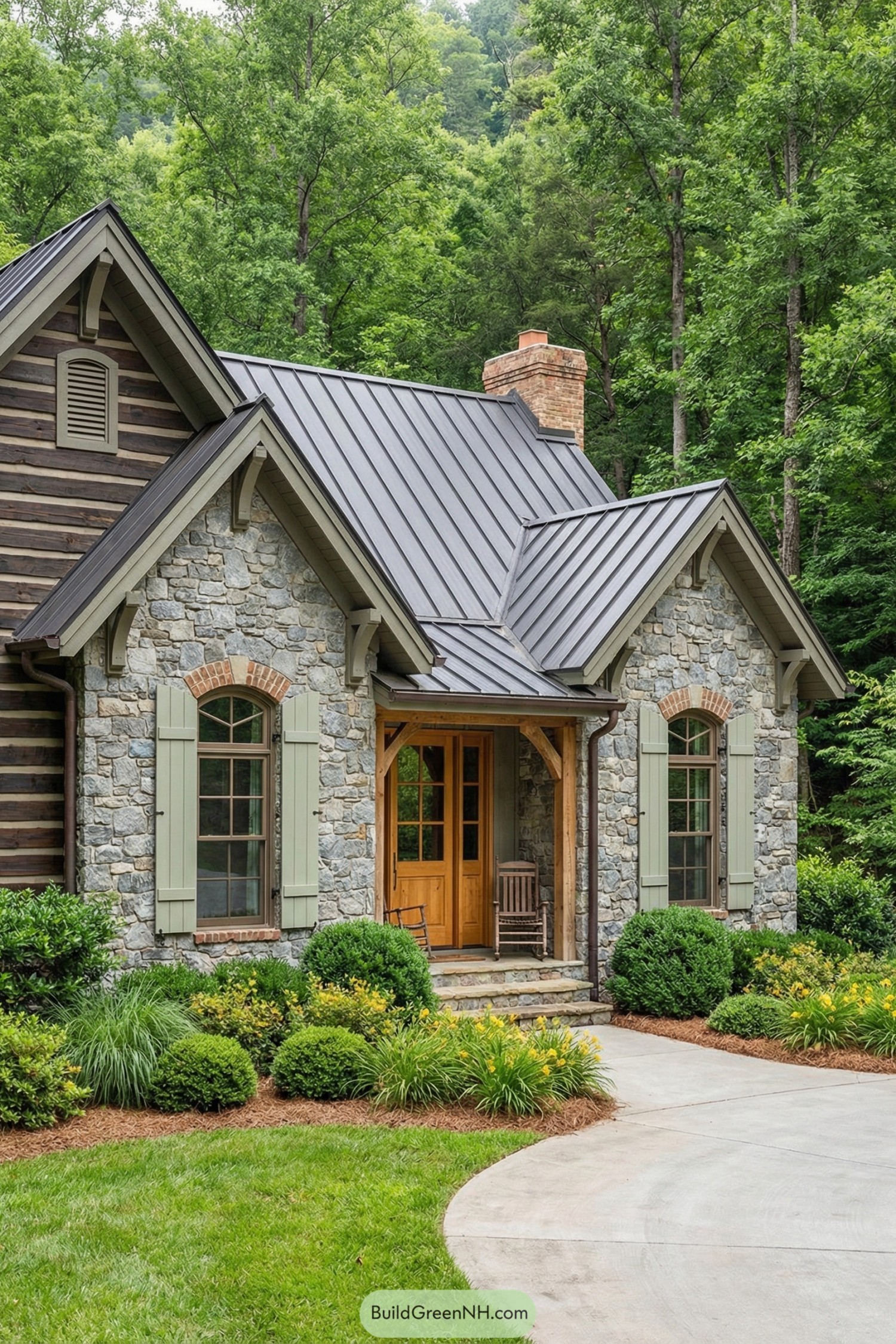 Stone and wood mountain cottage with metal roof and front porch