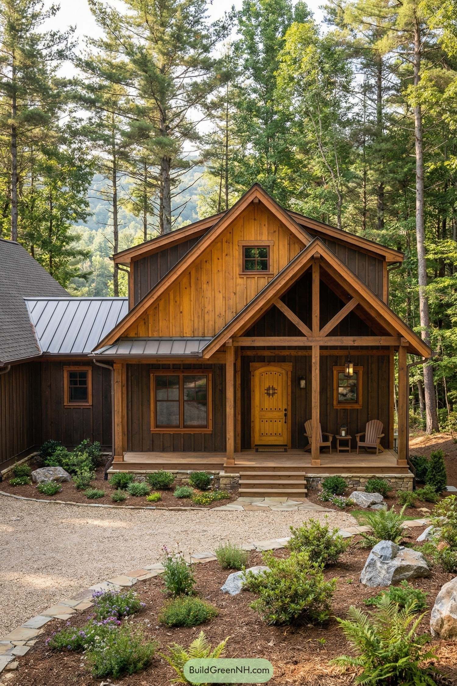 Compact wood cabin with gabled porch amid forest
