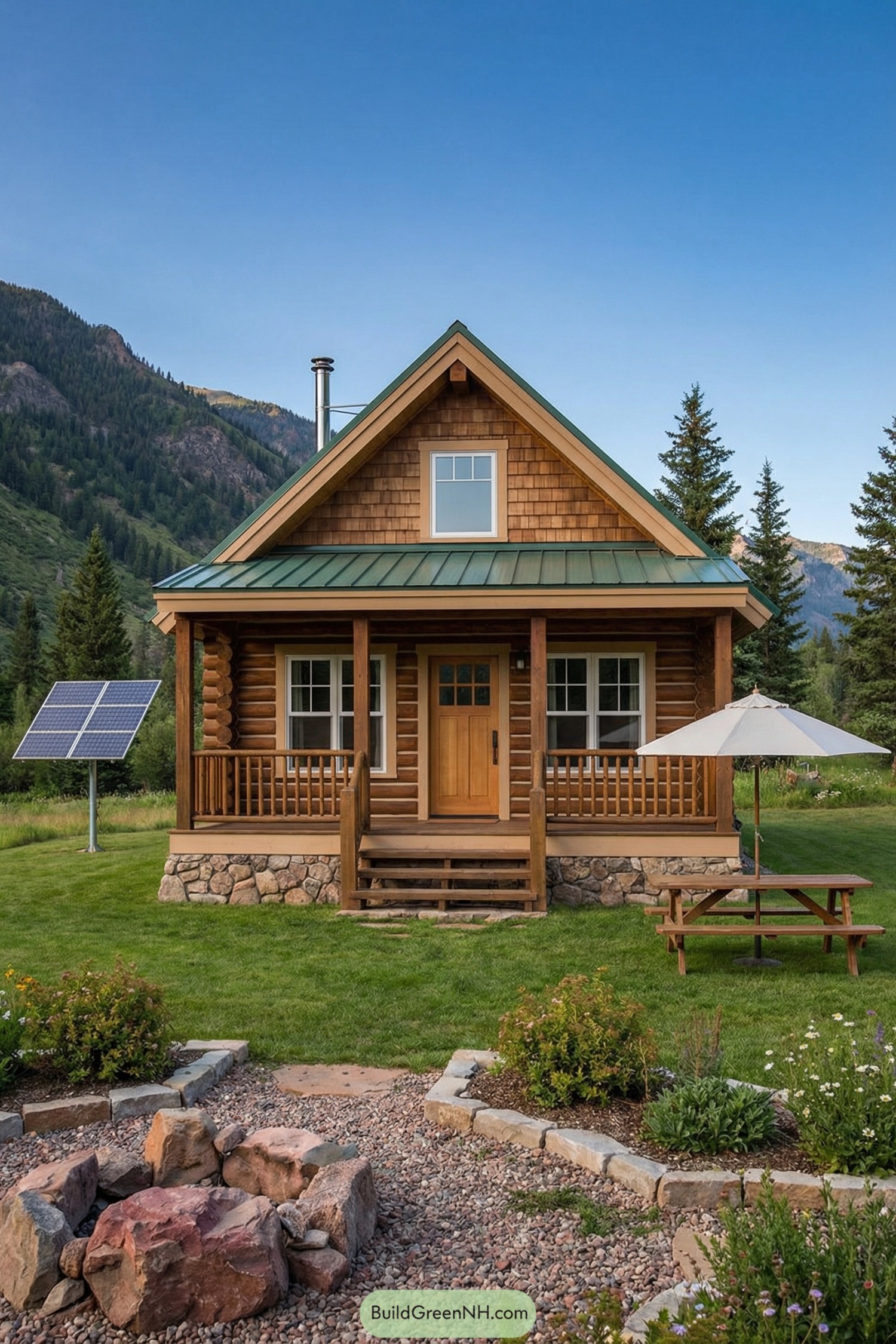 Small log cabin with green metal roof, porch, and mountain backdrop