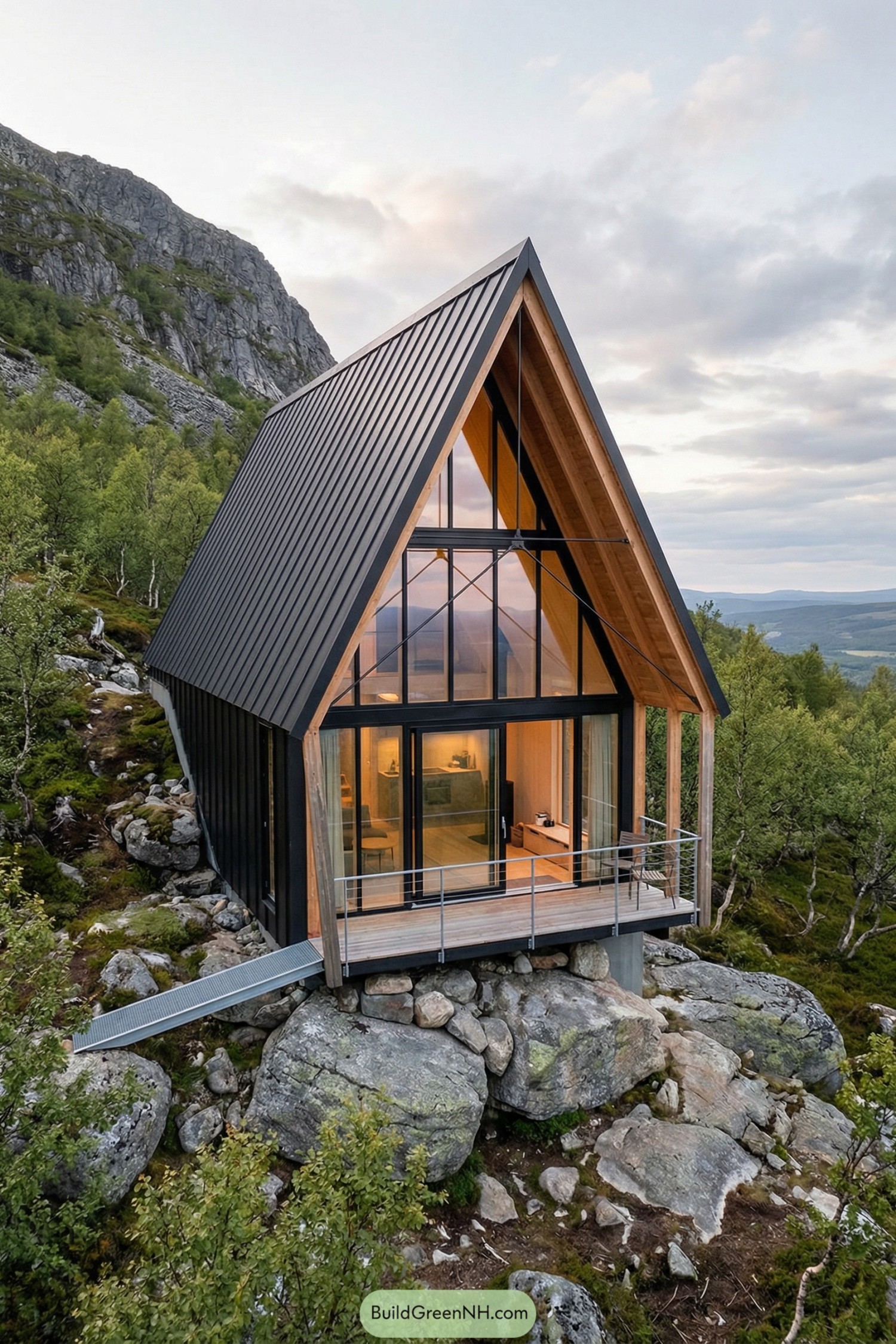 A-frame mountain cabin with glass front and metal roof