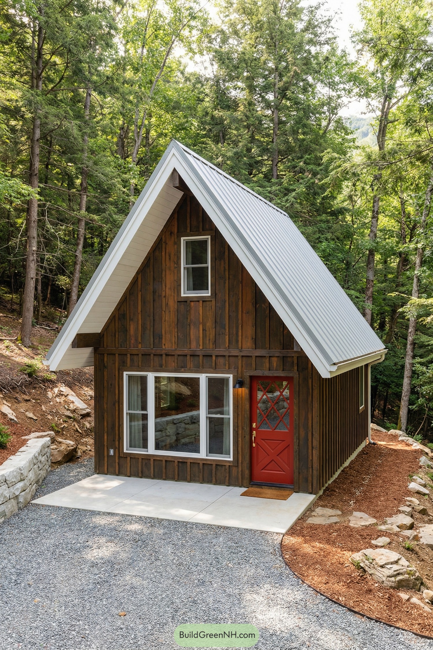 Small dark-wood A-frame cabin with metal roof and red door in a forest setting