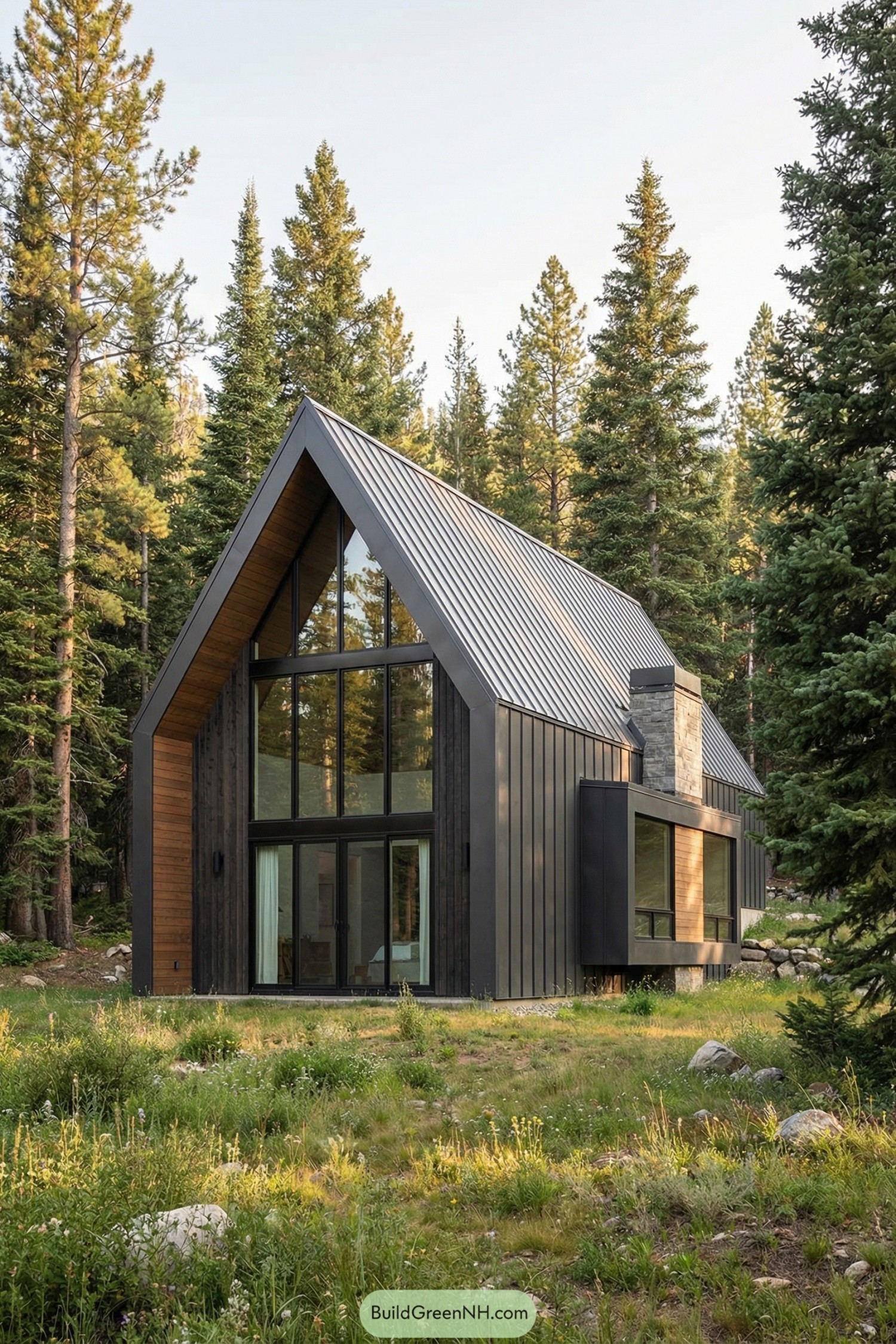 Modern black metal and wood cabin with tall glass facade set in a dense pine forest