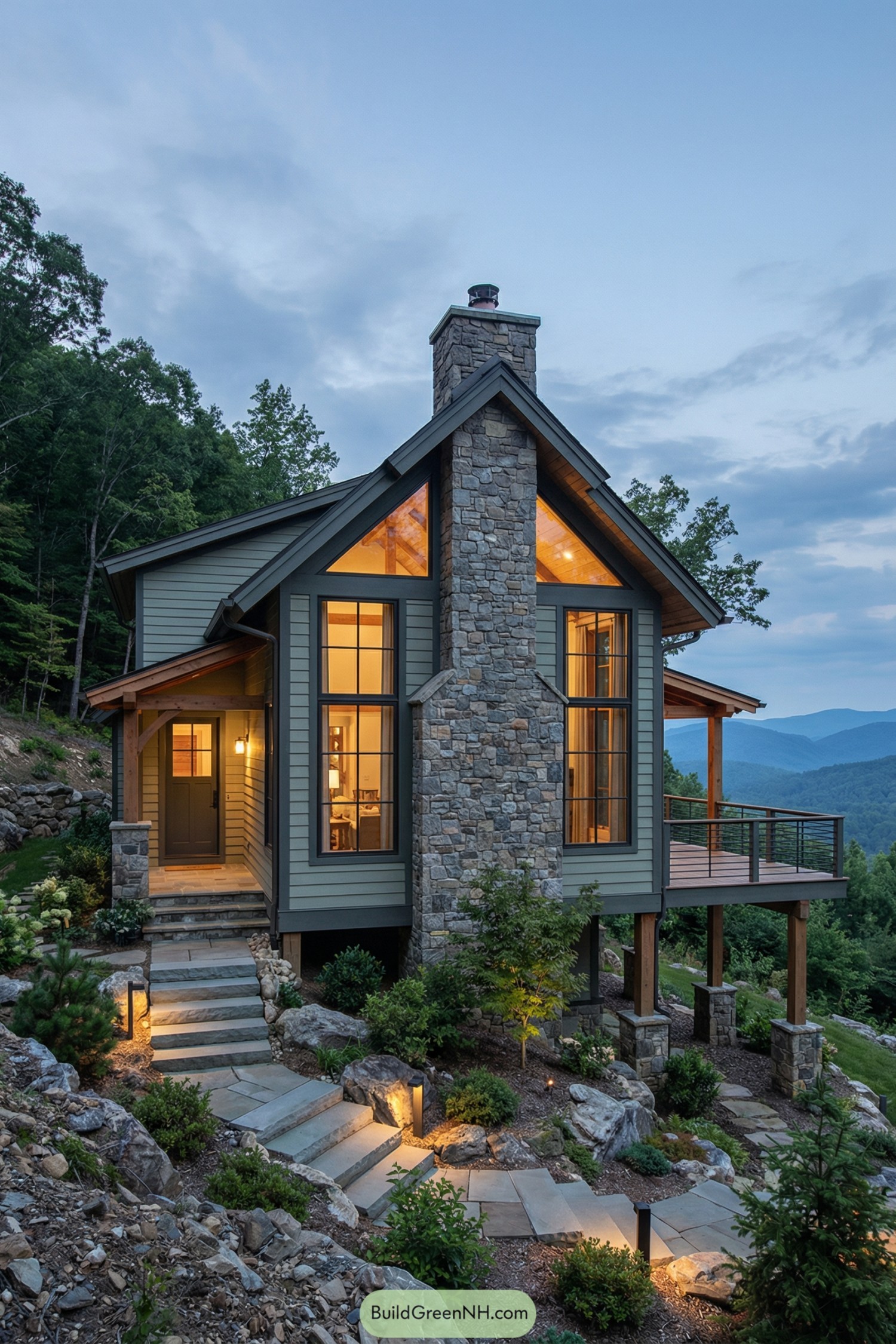 Compact mountain house with stone chimney and tall windows at dusk