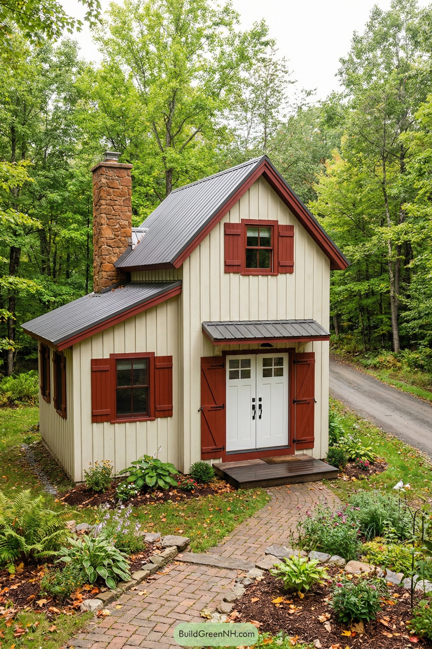Small cream cottage with red shutters in forest clearing