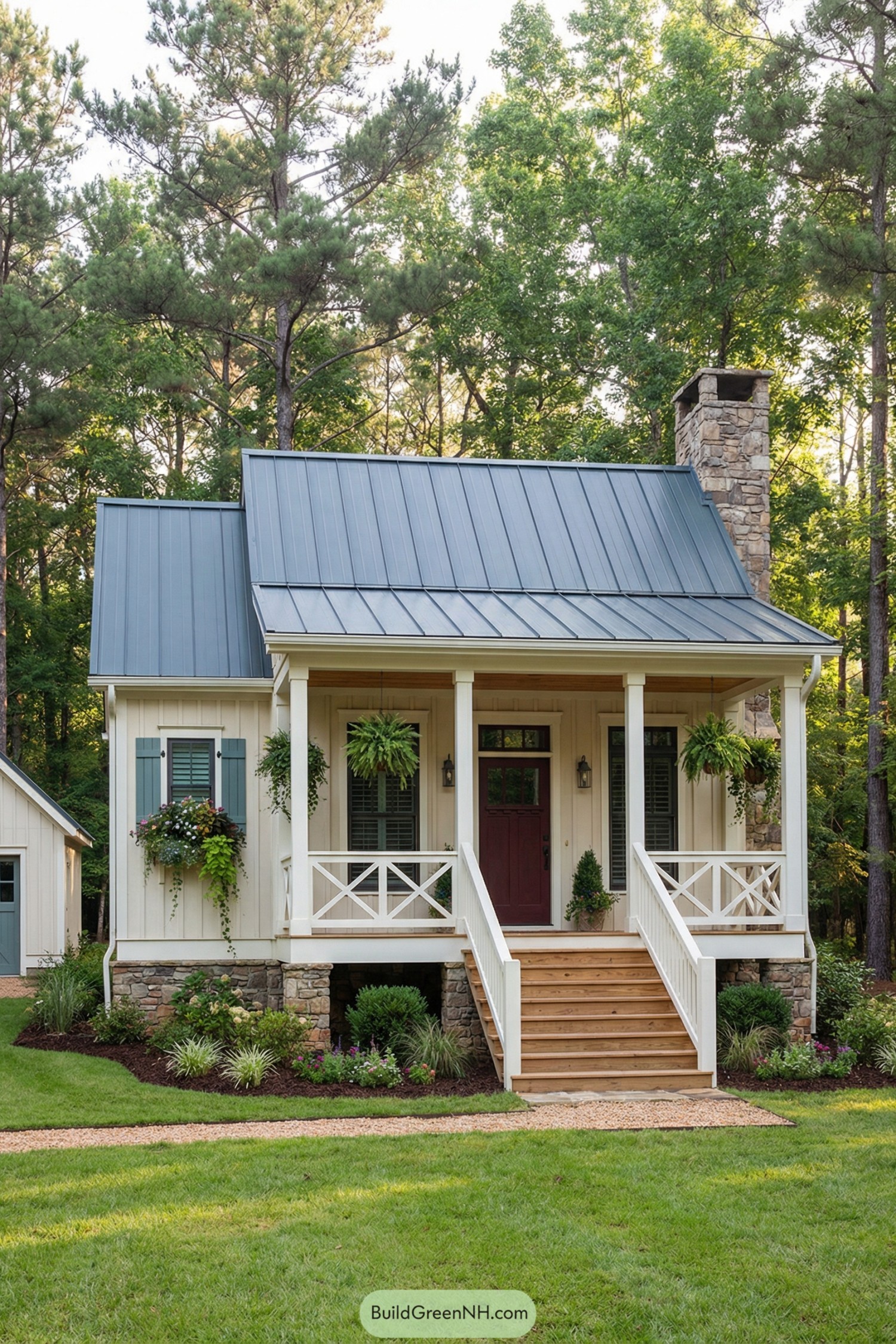 Small cream cottage with metal roof and cozy front porch in a wooded yard
