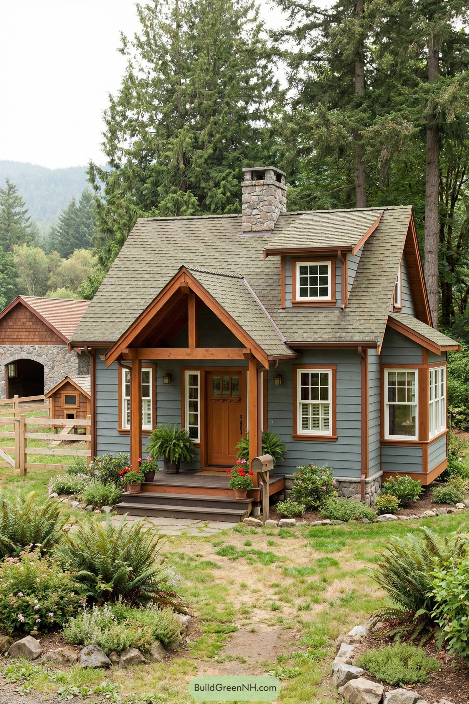 Cozy blue-gray cottage with gabled porch, stone chimney, and lush rural garden