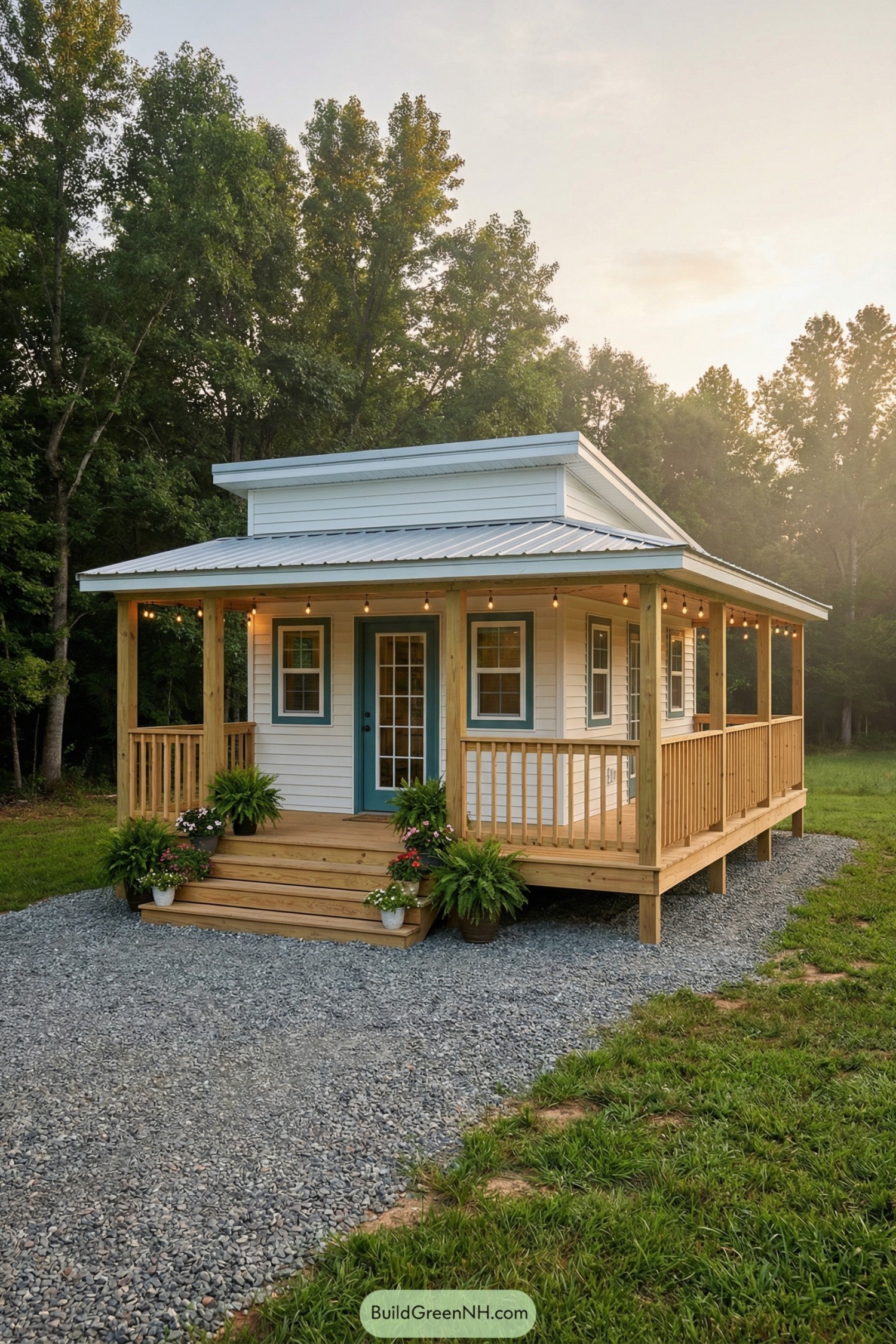 Small white cabin with metal roof and wraparound wood porch in a grassy rural clearing