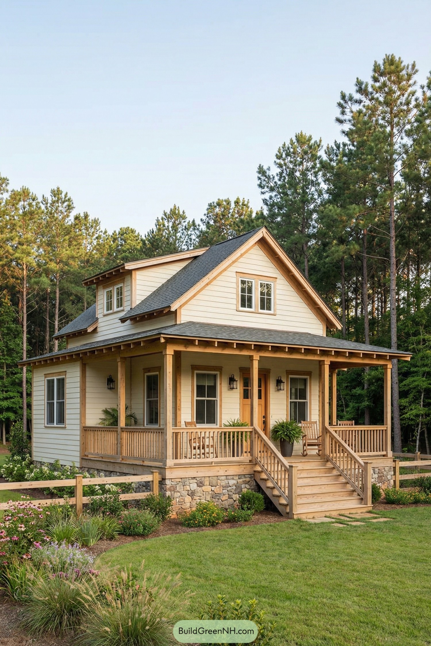 Small cream-colored cottage with wraparound porch and stone foundation in a pine forest setting