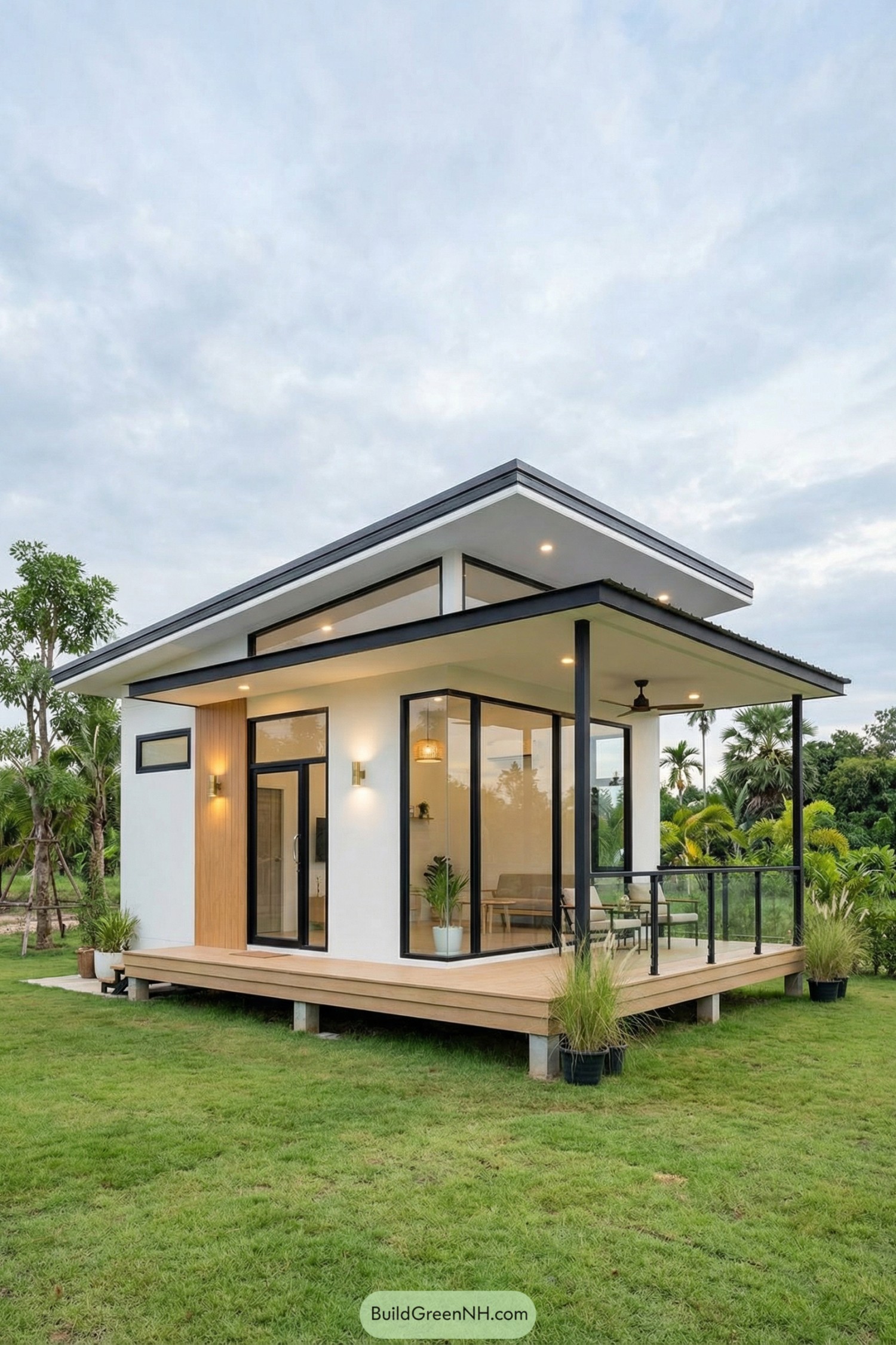 Modern tiny house with sloped roof, wraparound deck, and floor to ceiling windows on a grassy lot