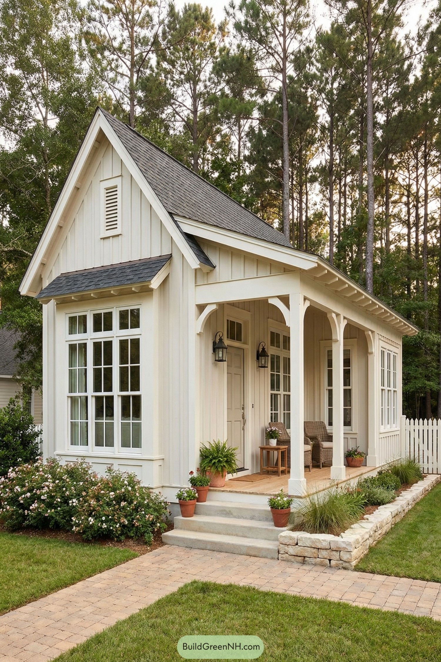 Cream-colored cottage with tall windows and a cozy front porch