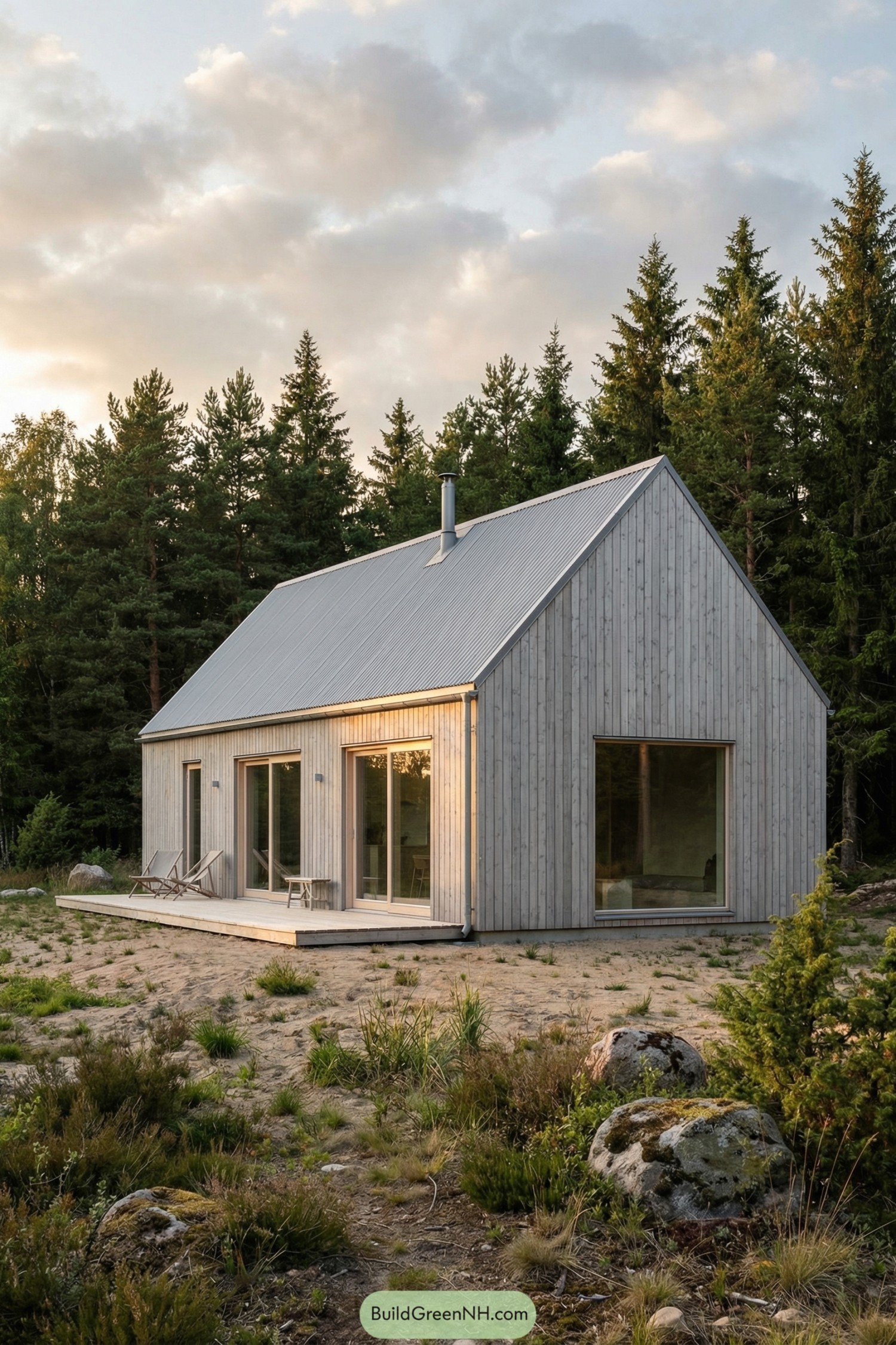 Compact wooden cabin with metal roof and large glass doors in a forest clearing