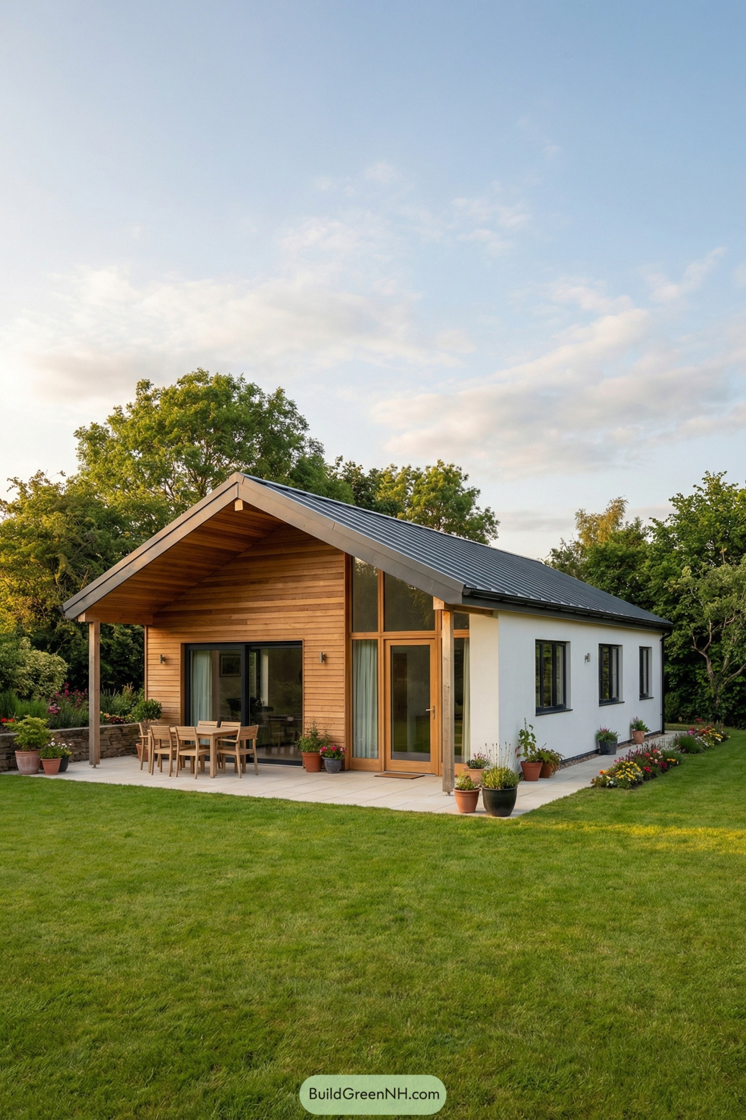 high-res photo of small rural house, modern minimalist rural facade with clean lines and broad front overhang, warm light-wood horizontal siding combined with smooth white plaster walls, compact rectangular single-story structure with deep front eave and slightly asymmetrical gable form, natural timber cladding and painted cement render, low-pitch extended gable roof in dark metal sheeting with clean exposed fascia boards, large simple black-framed sliding glass doors and rectangular casement windows, main entry as full-height glazed door in wood frame with matching side patio doors, covered front terrace under roof extension supported by plain wooden posts, pale tiled patio surface with simple outdoor dining set, numerous potted plants and planter boxes along the facade and small wall-mounted planters, narrow flower beds with colorful blooms bordering the terrace and wide manicured green lawn in the foreground, surrounding dense mature trees and shrubs forming a lush green backdrop under a soft blue sky with light clouds, peaceful rural garden setting in warm late-afternoon light; real-life photo, high-resolution, architectural photography, soft lighting, cinematic composition.