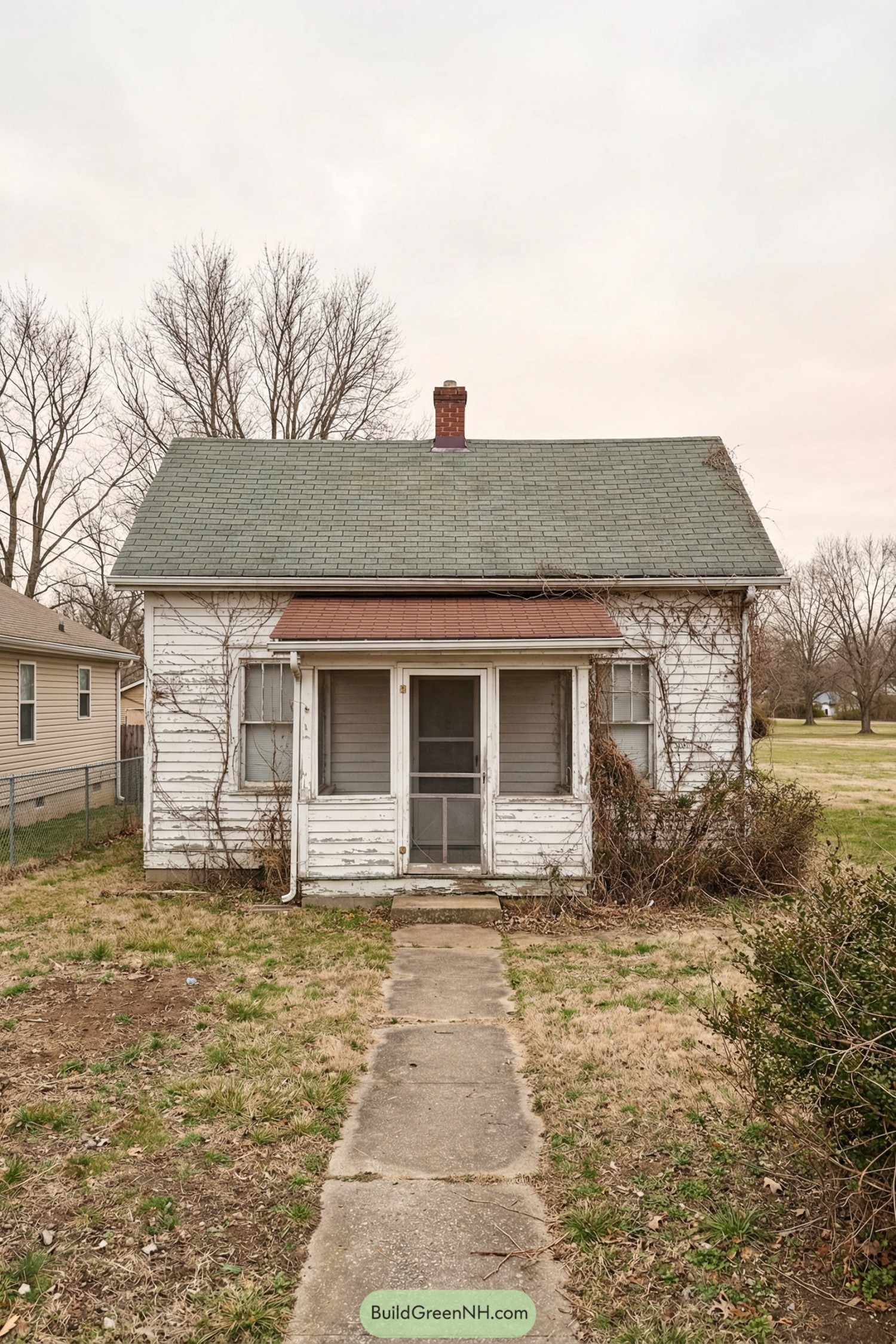 Small weathered cottage with a gable roof and screened front porch