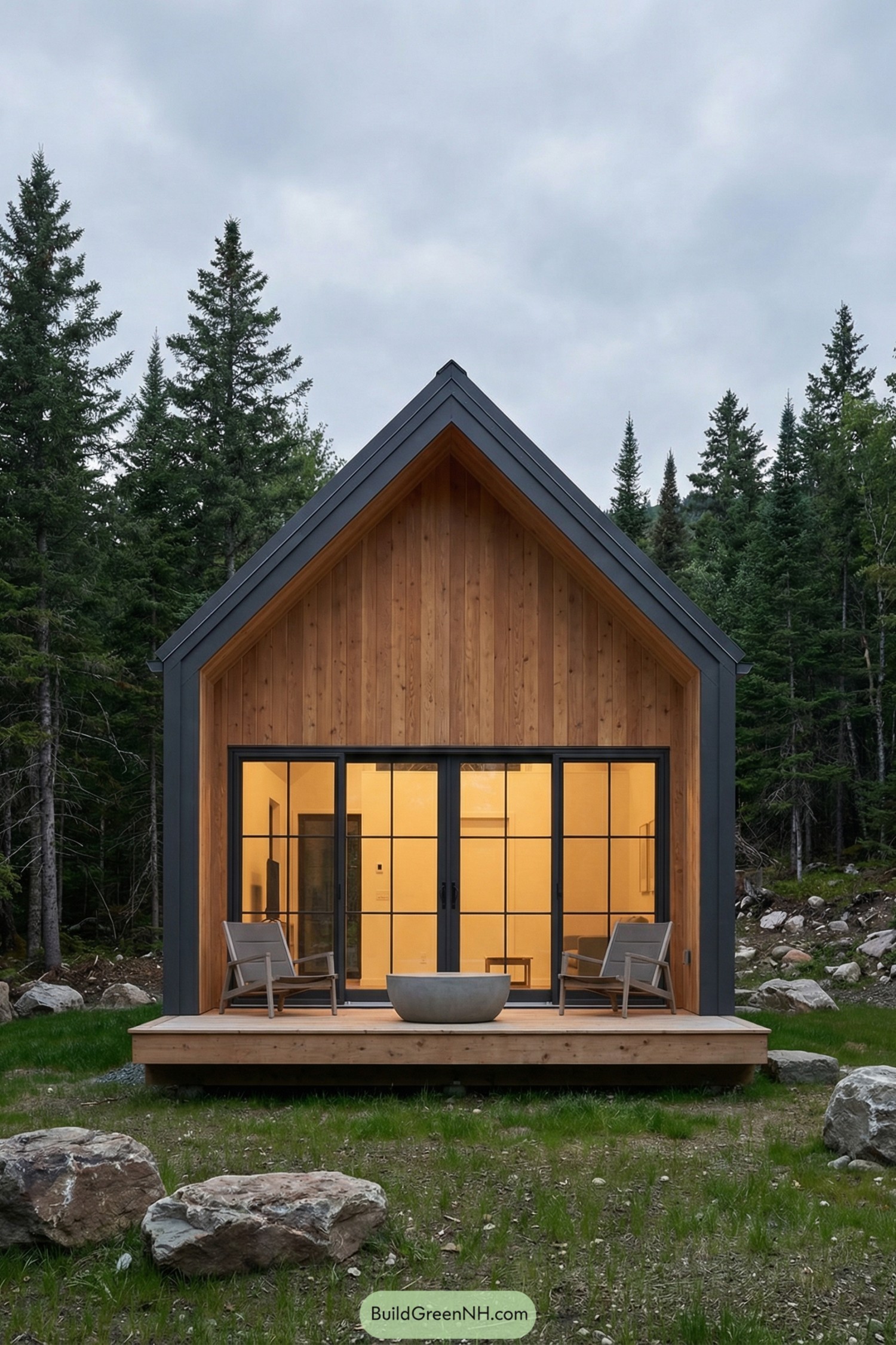 Small cedar cabin with tall gable roof and full glass front