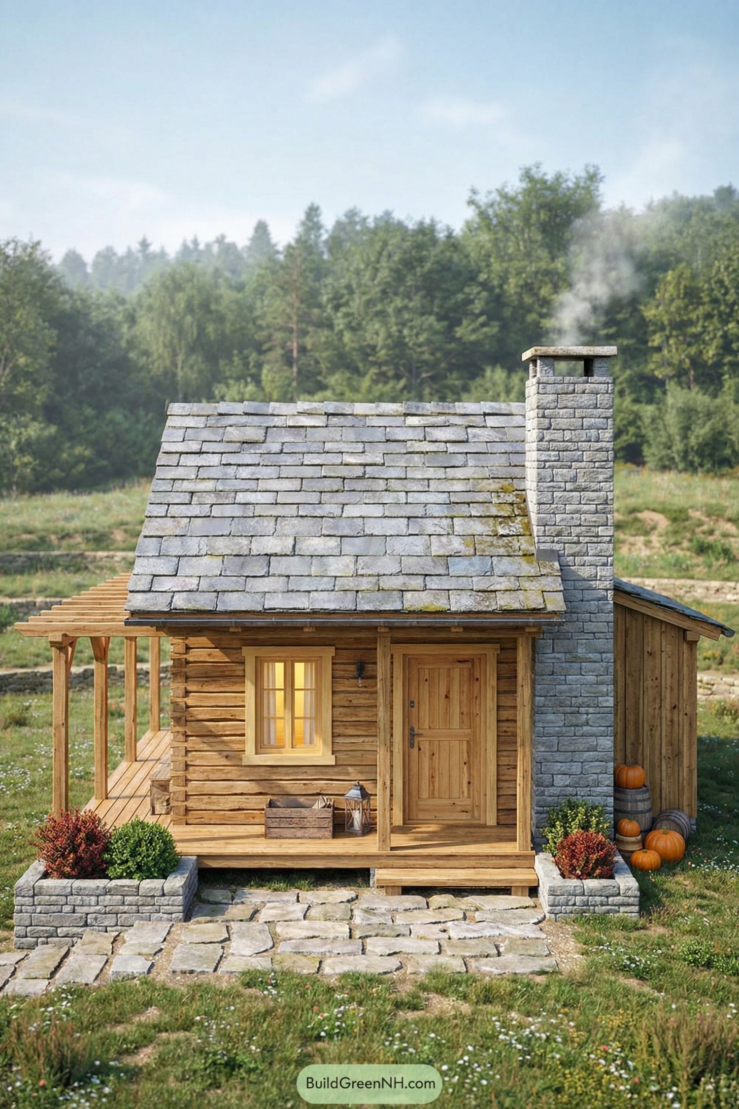 Compact wooden cabin with stone chimney, side porch, and small garden beds set in a grassy meadow