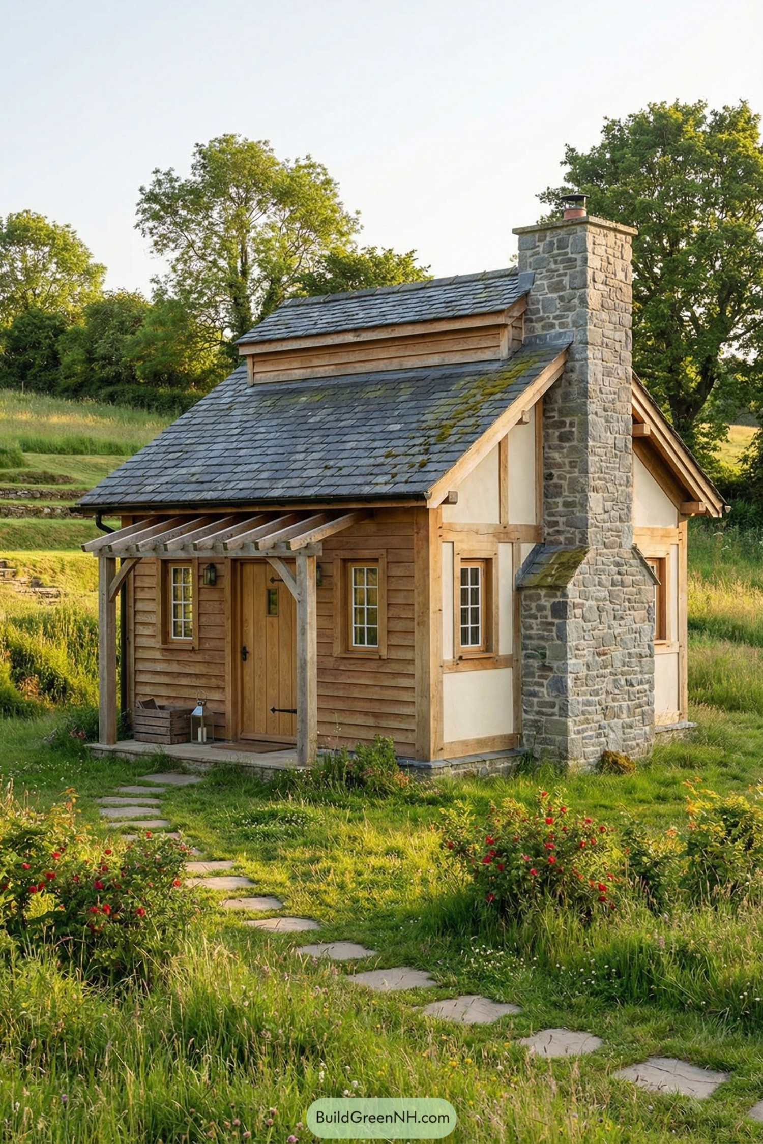 Small timber cottage with stone chimney in sunny rural meadow