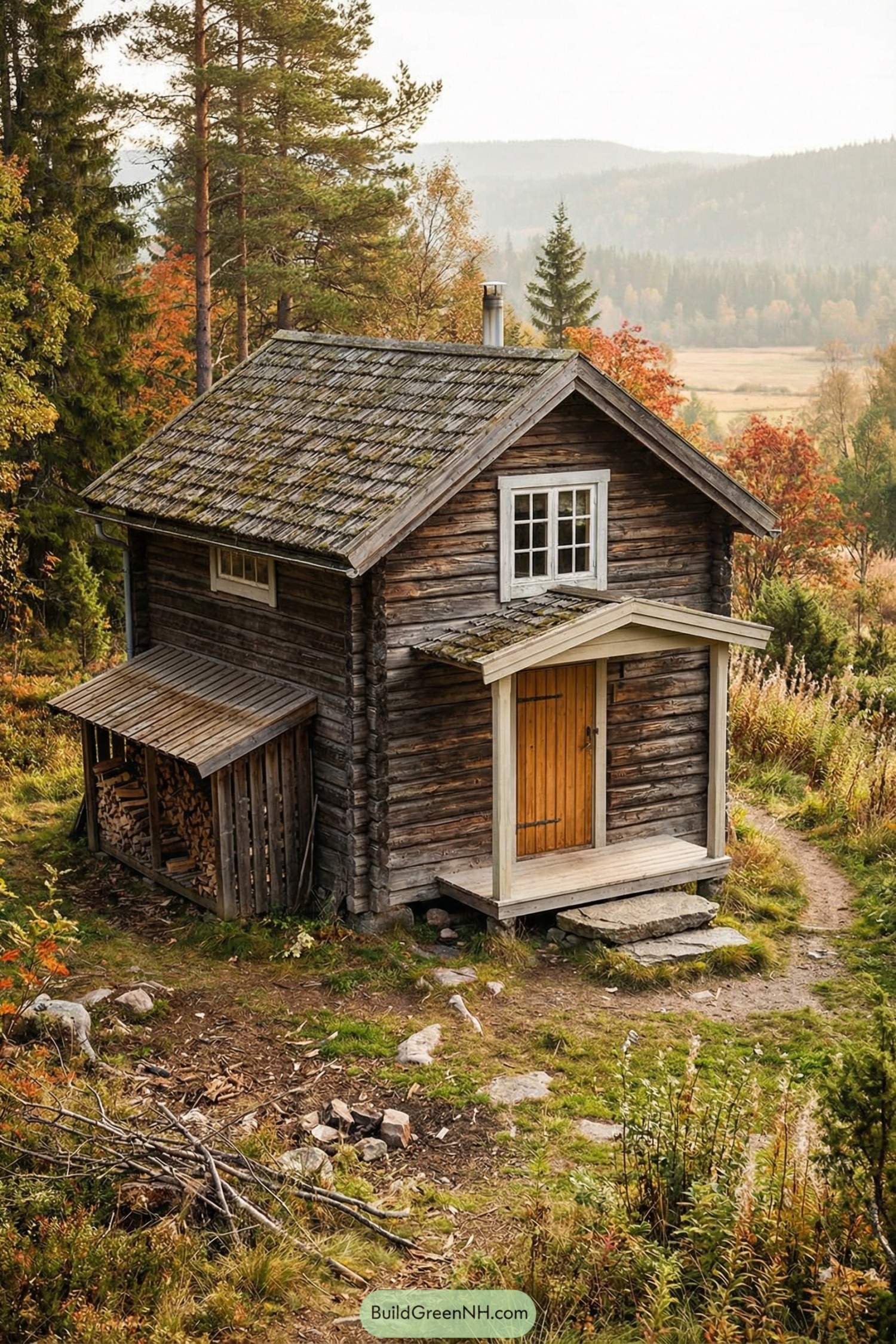 Small rustic log cabin with front porch and attached woodshed in a forest clearing