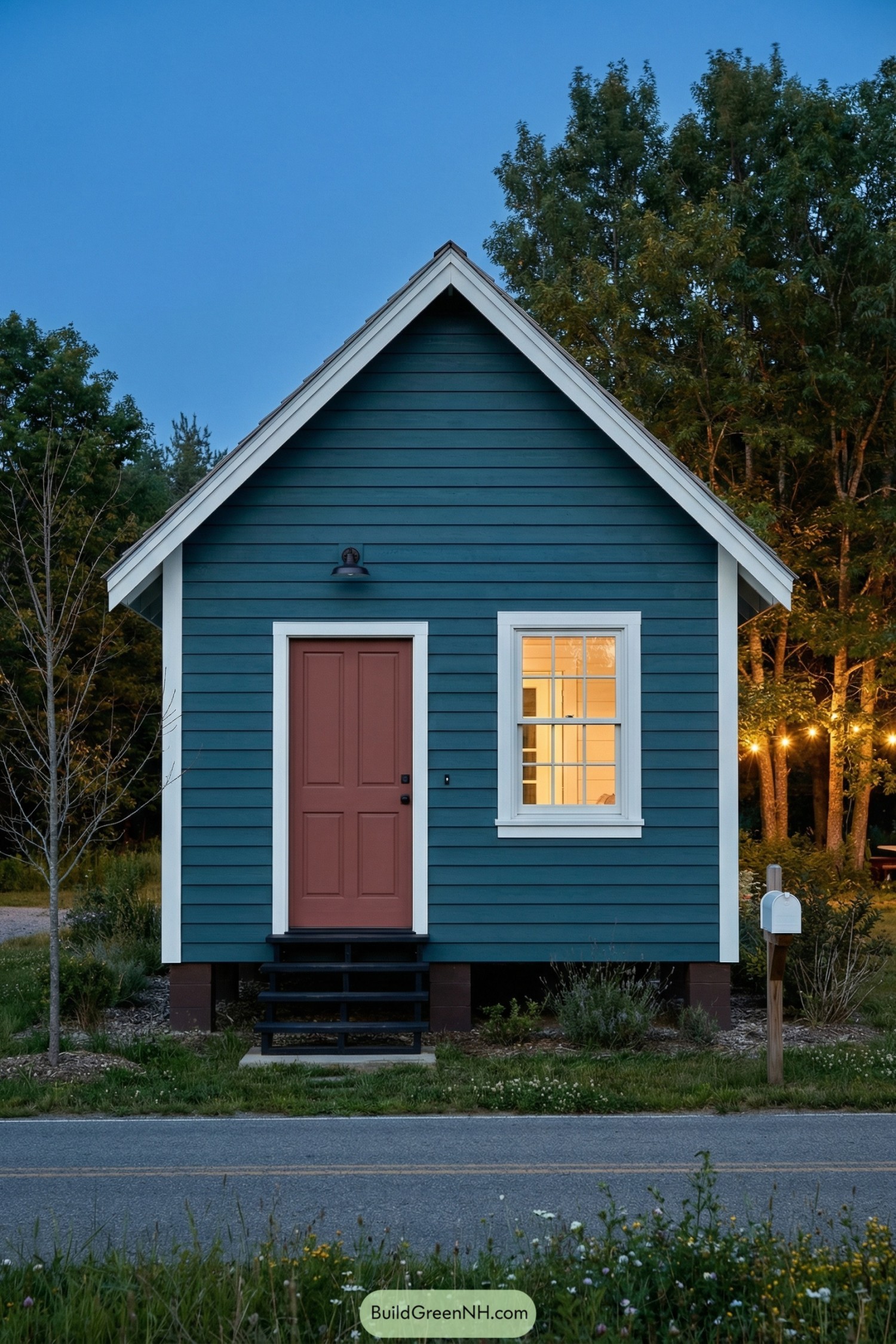 Small teal clapboard cabin with red door and white-trimmed window facing a rural road at dusk