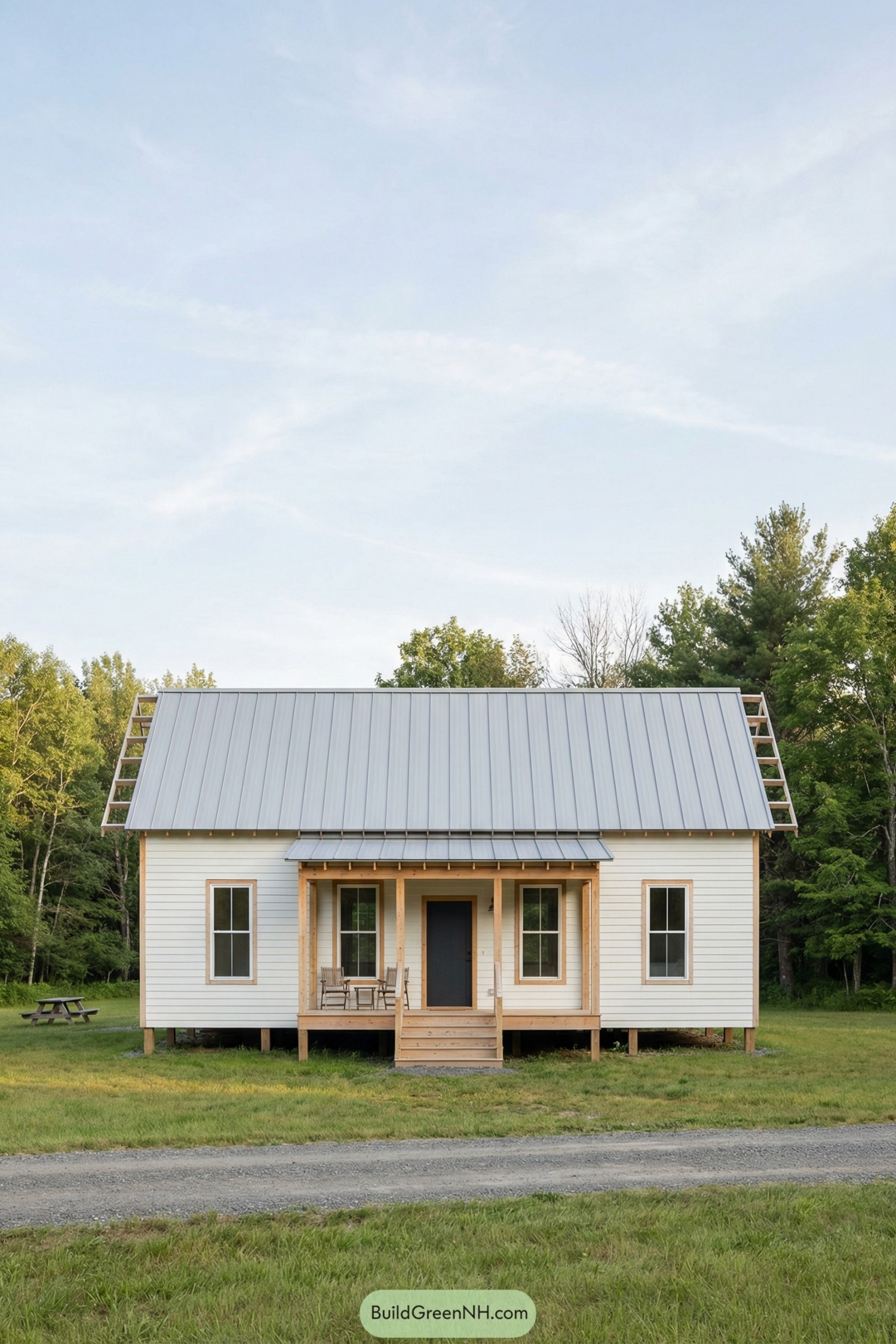Small white cabin with metal roof