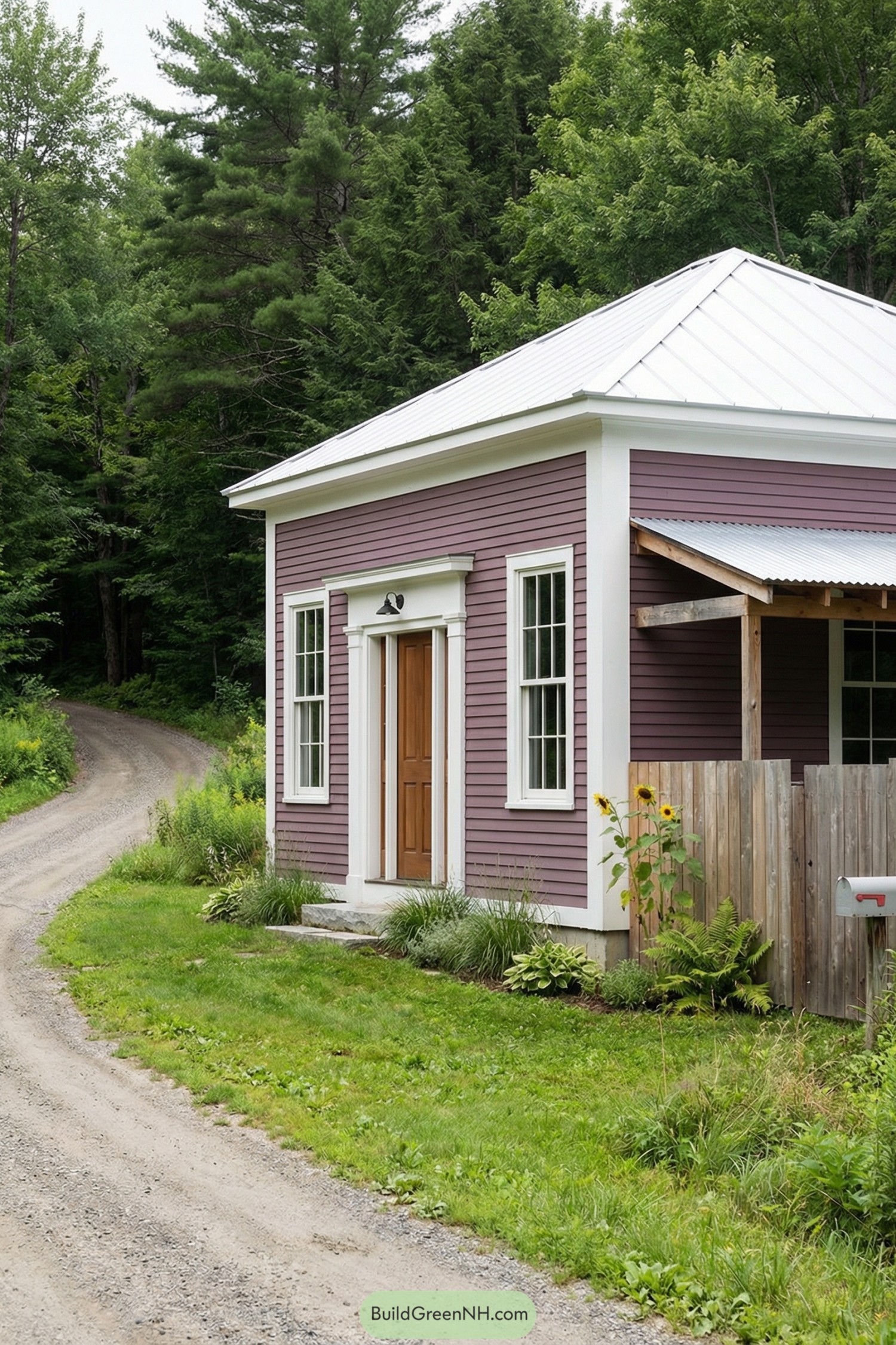 Small purple cottage with white trim and metal roof beside a gravel driveway and trees