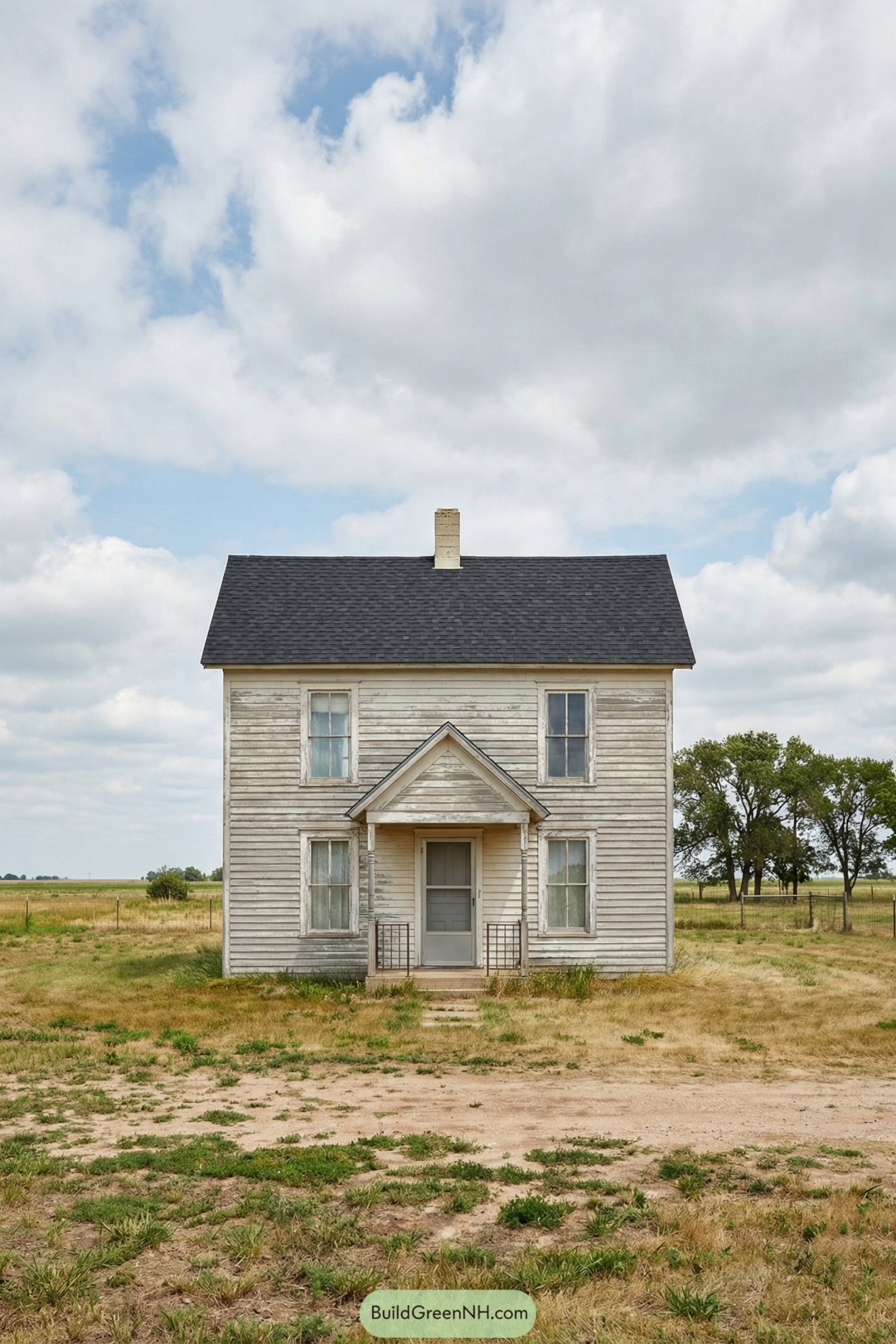 Weathered two story farmhouse with central porch in open rural field