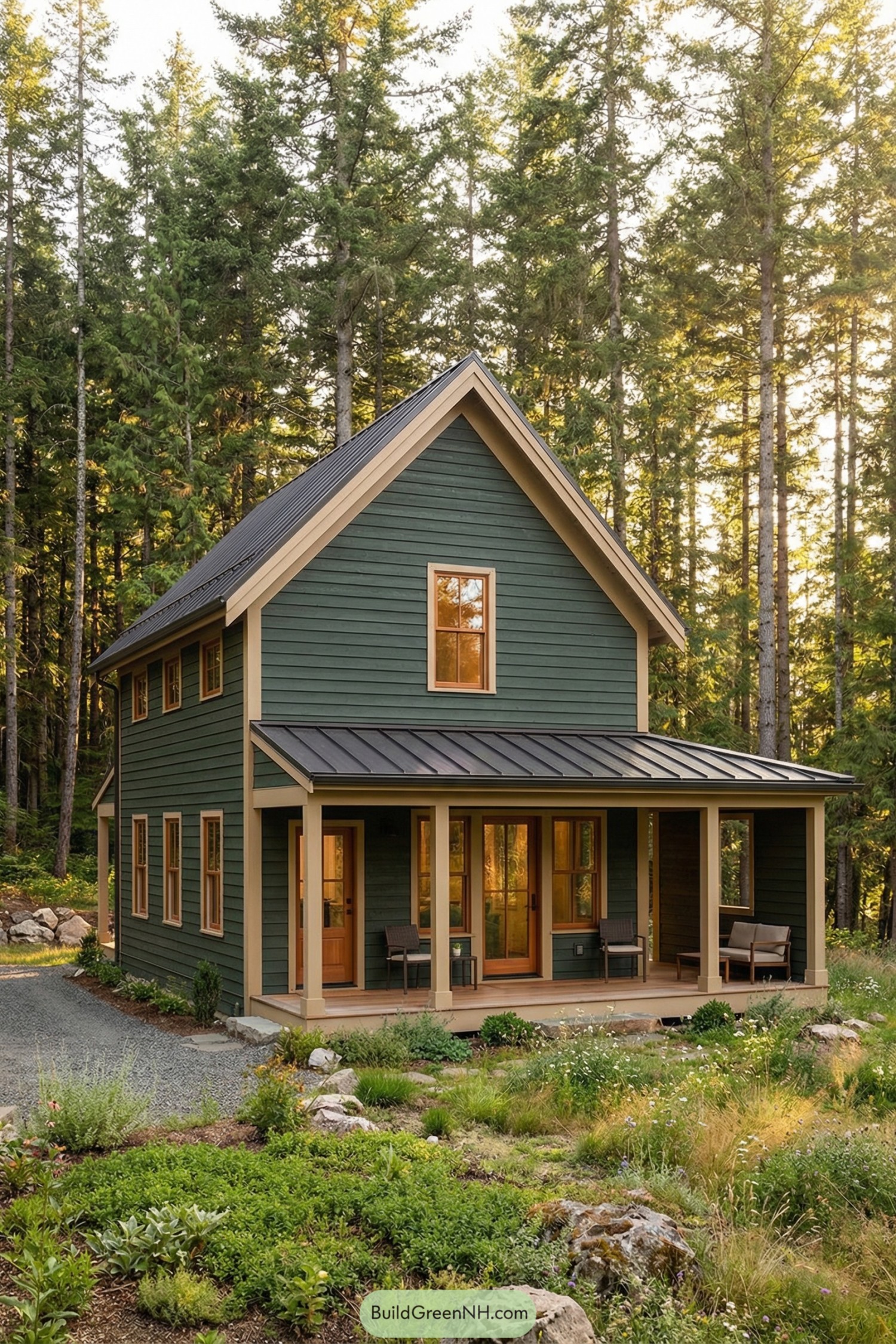 Compact green two-story cottage with metal roof and full front porch set in a forest clearing