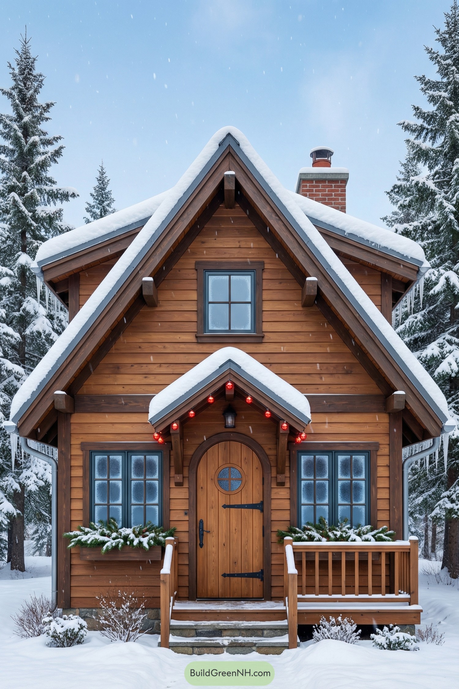 Small wooden cottage with snowy roof and red lights