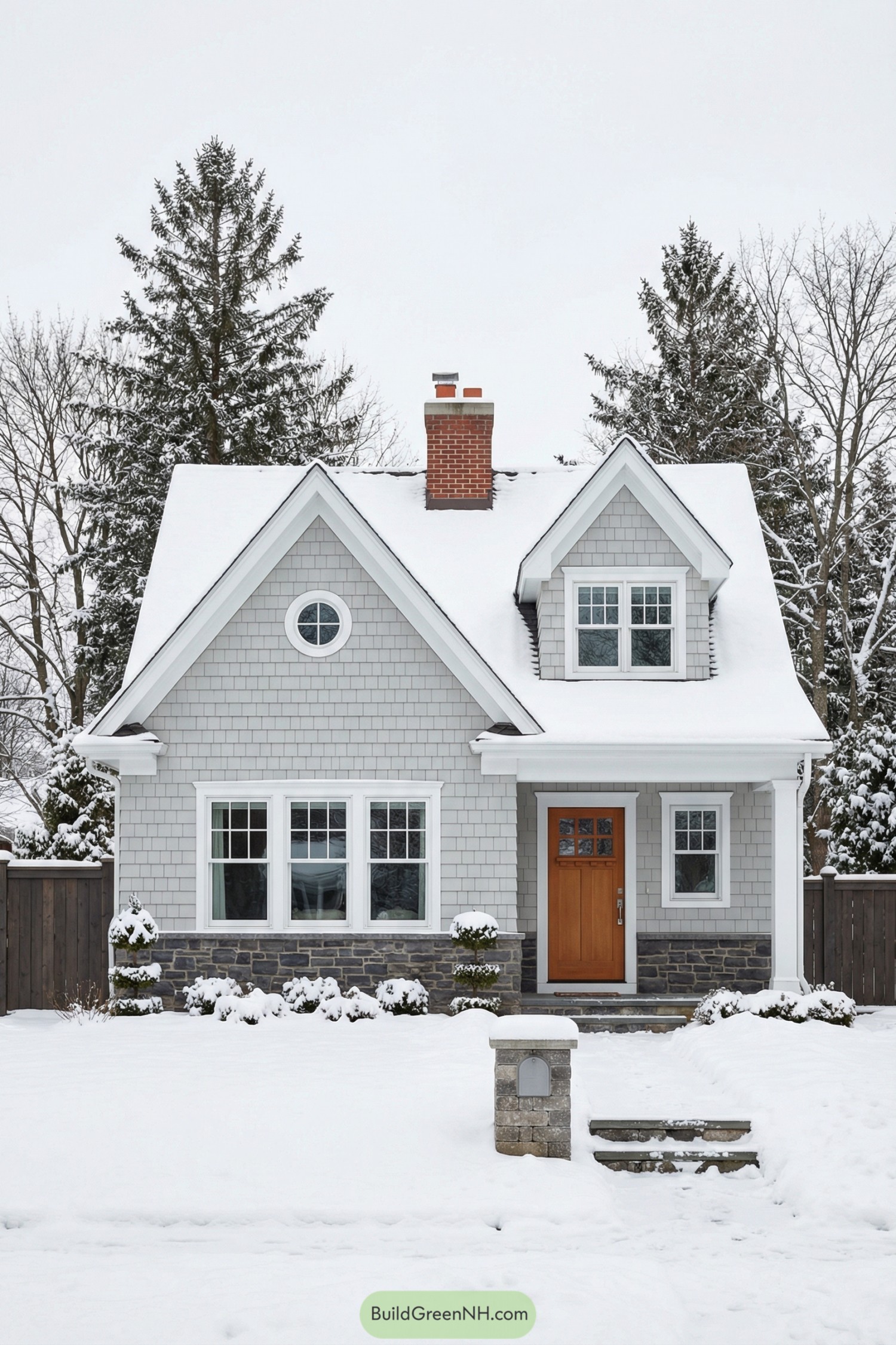Gray shingle house in winter snow