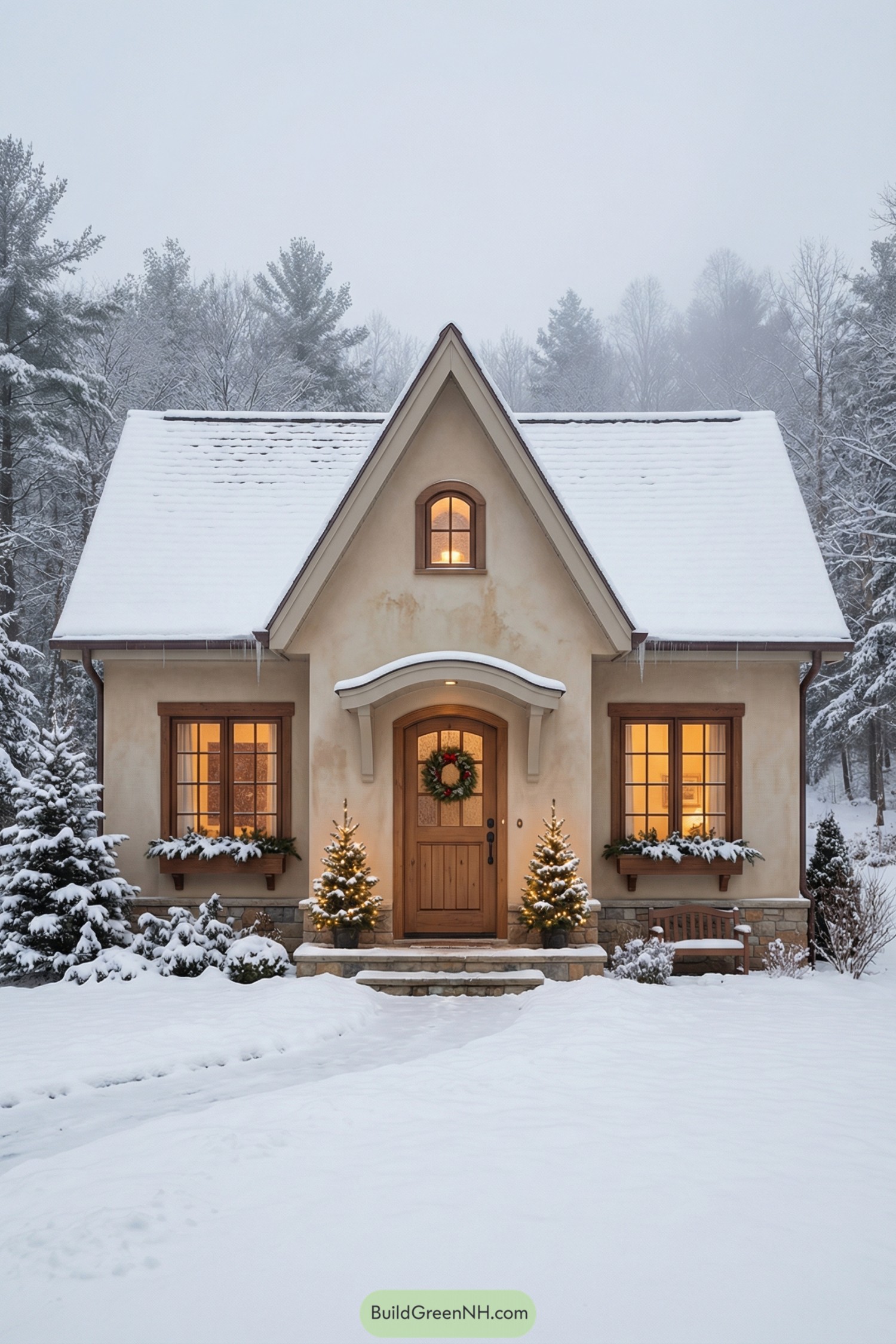 Small stucco cottage glowing in snowy forest