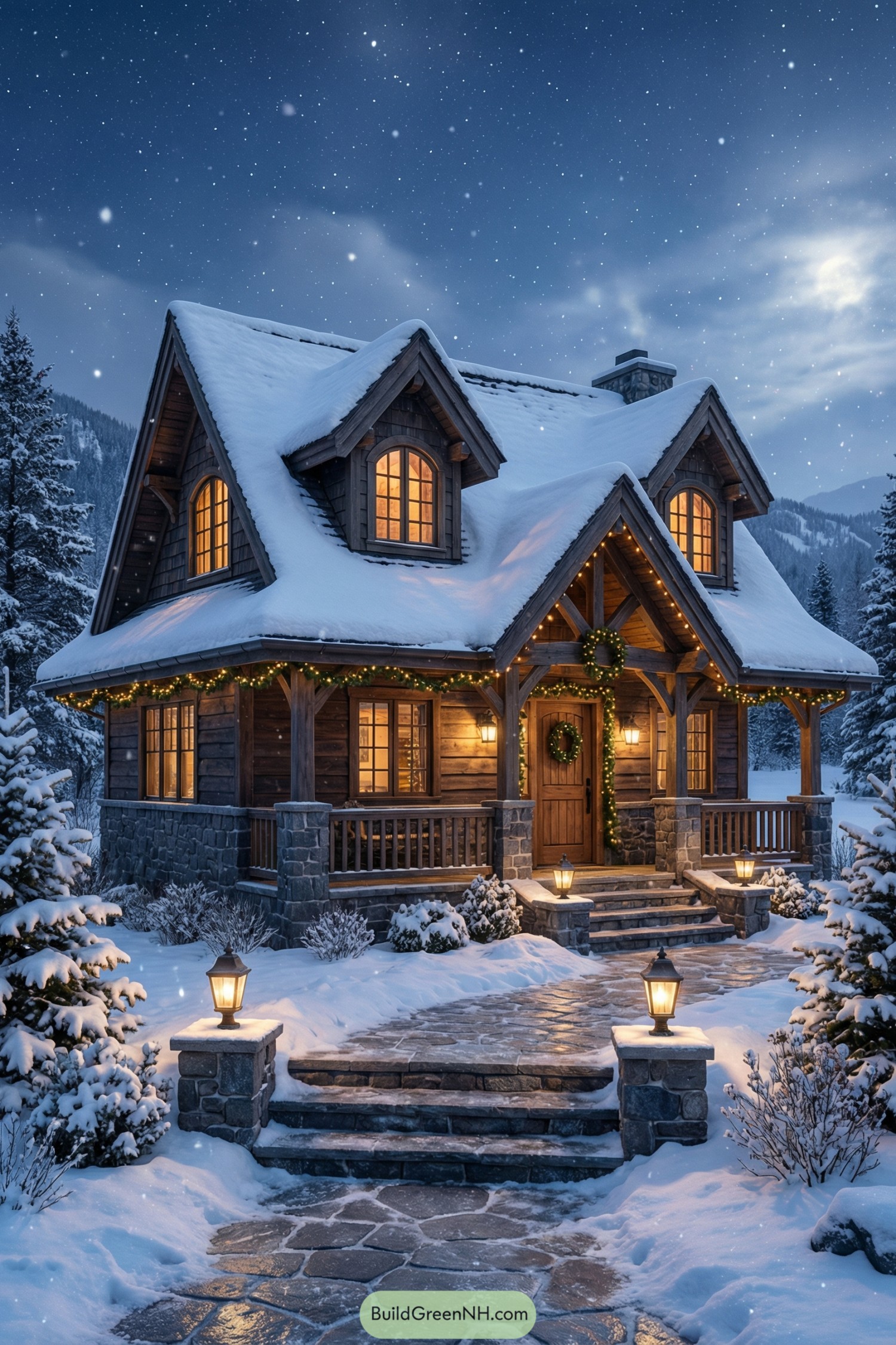 Snow-covered wooden lodge with glowing windows