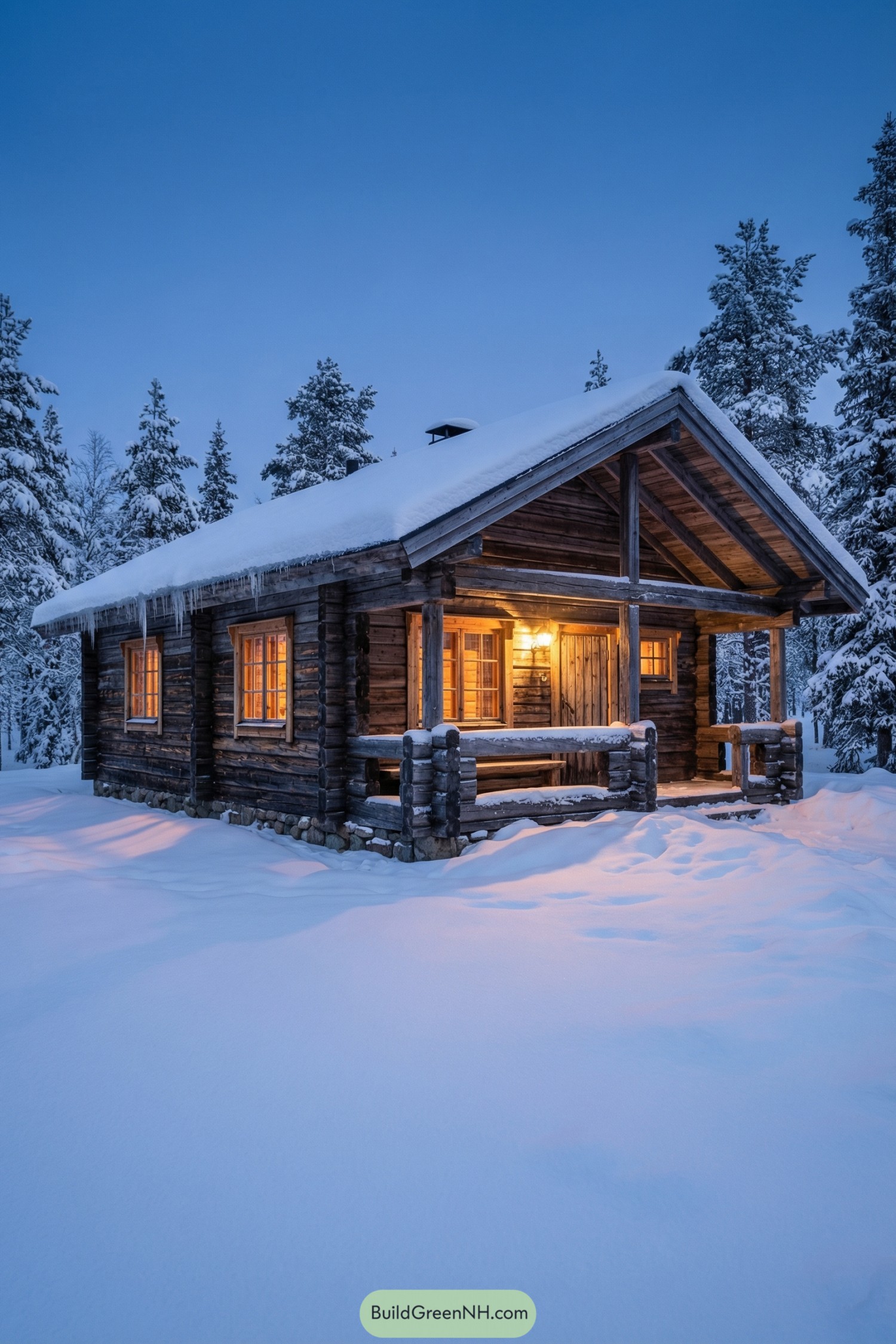 Small log cabin with warm lights glowing in deep snow