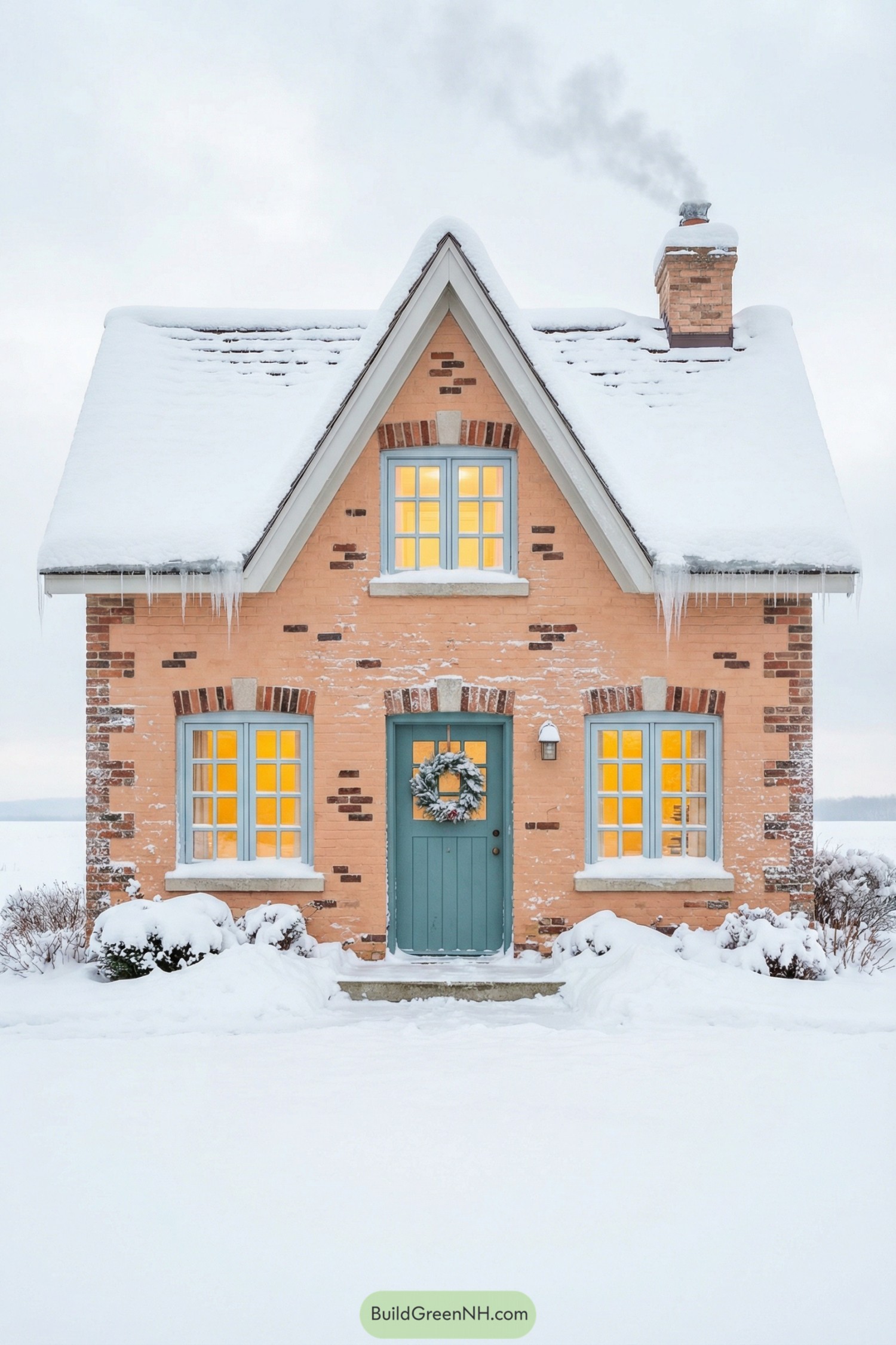 Small peach brick cottage with teal door glowing windows and snow-covered roof