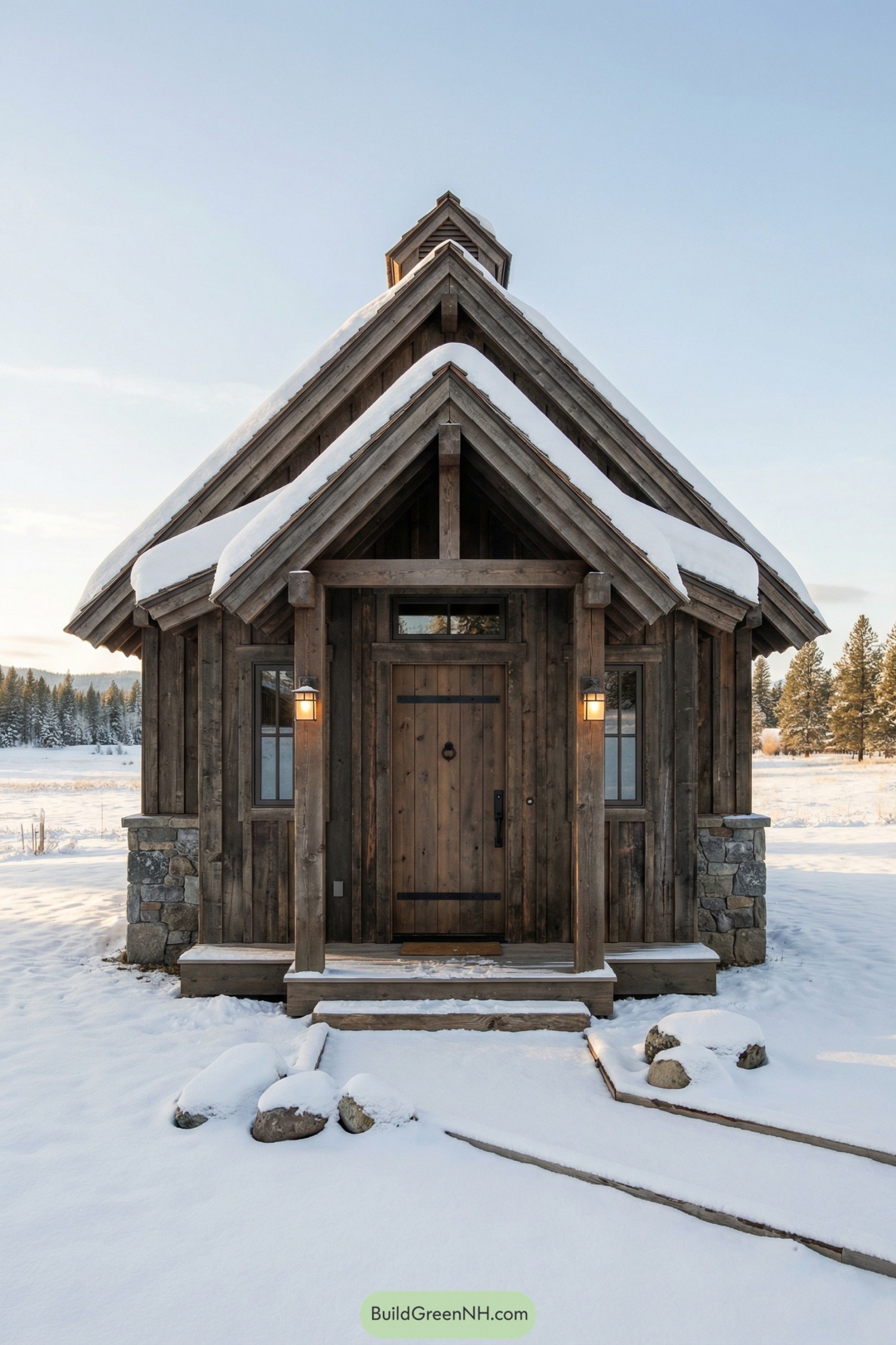 Small rustic wood cabin in snowy field