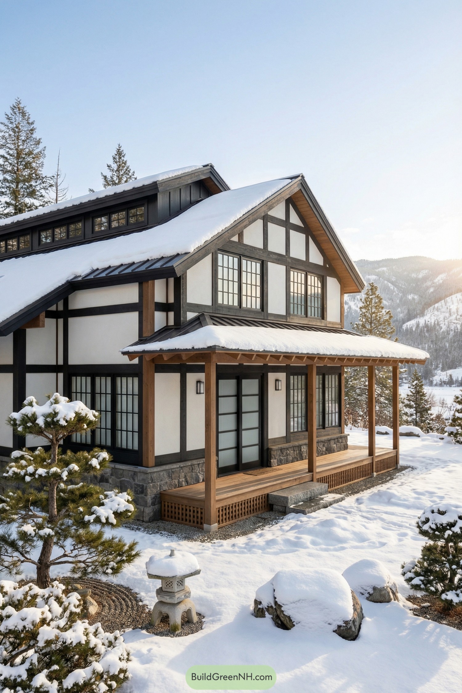 Modern Japanese-style house with timber frame and snowy garden