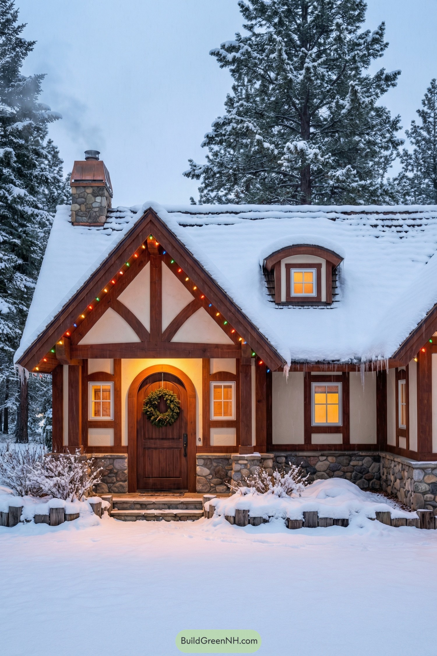 Snowy Tudor-style cottage with timber framing, stone base, and glowing windows