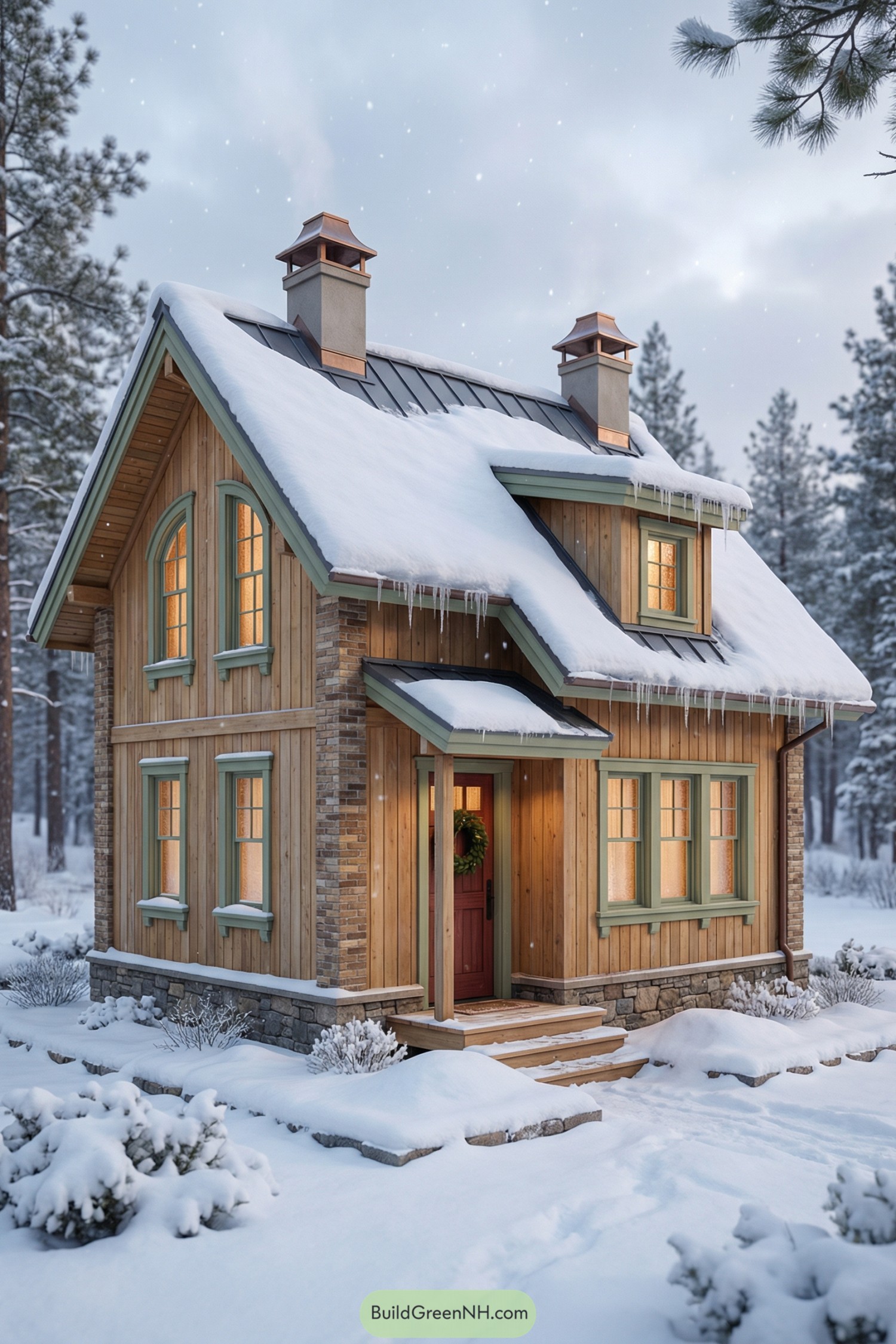 Small wooden cottage in snowy forest