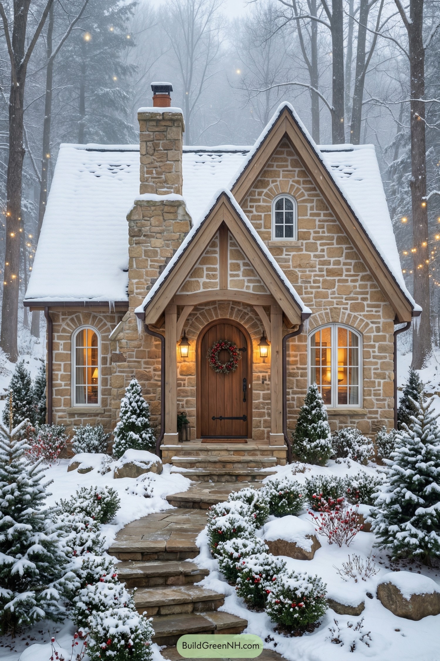 Small stone cottage with snow-covered roof and lit windows