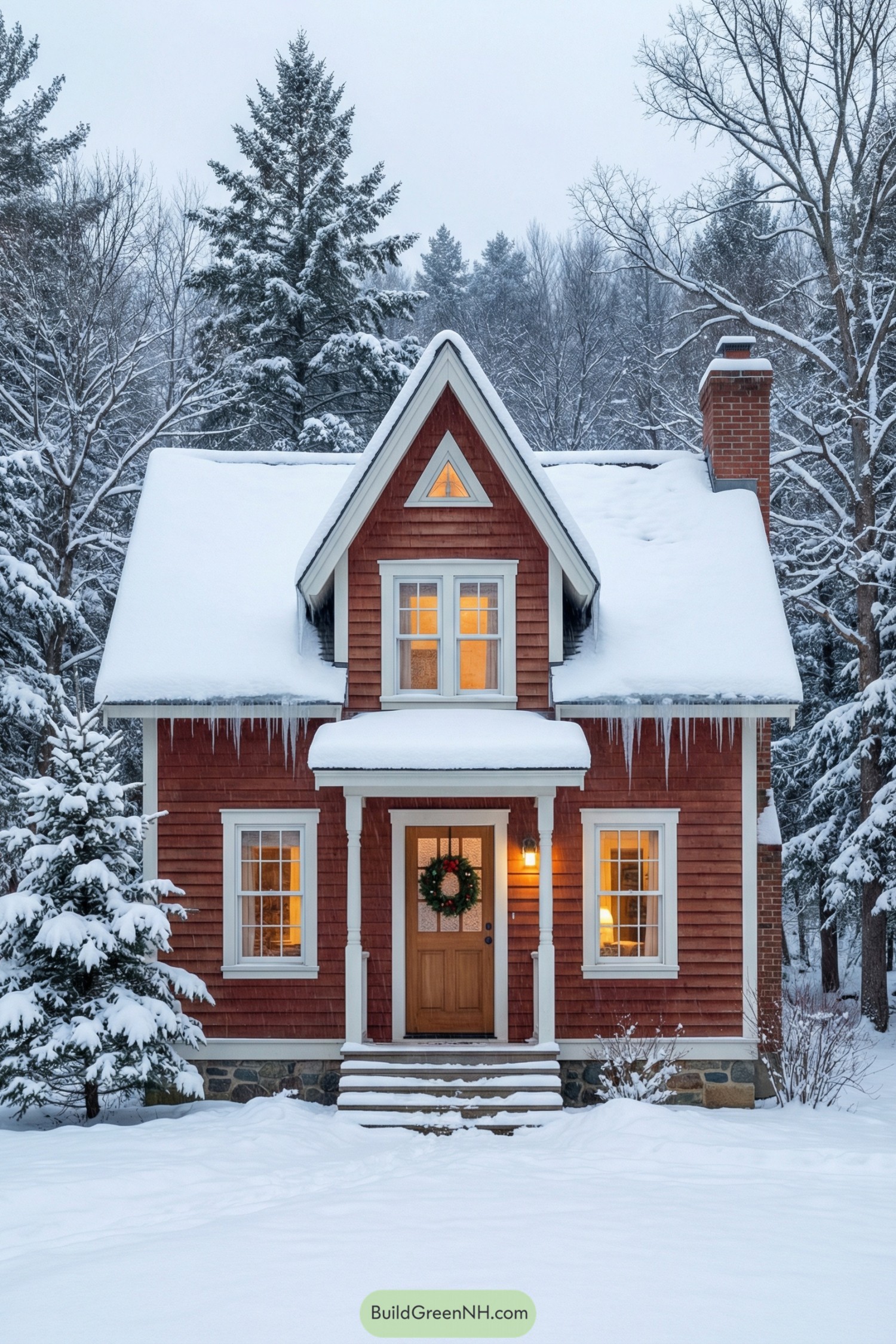 Red cottage with steep snowy roof, glowing windows, and wreath-topped entry in a forest of snow-covered trees