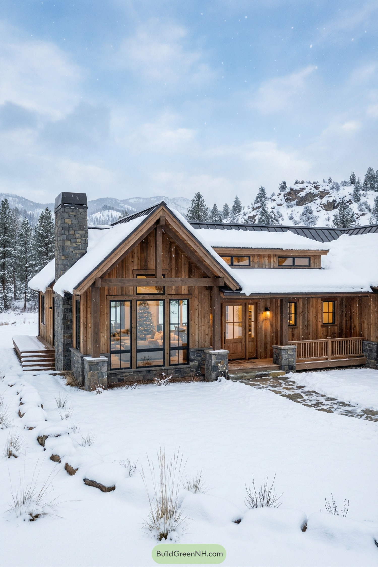 Modern timber cabin with stone chimney in snowy mountains