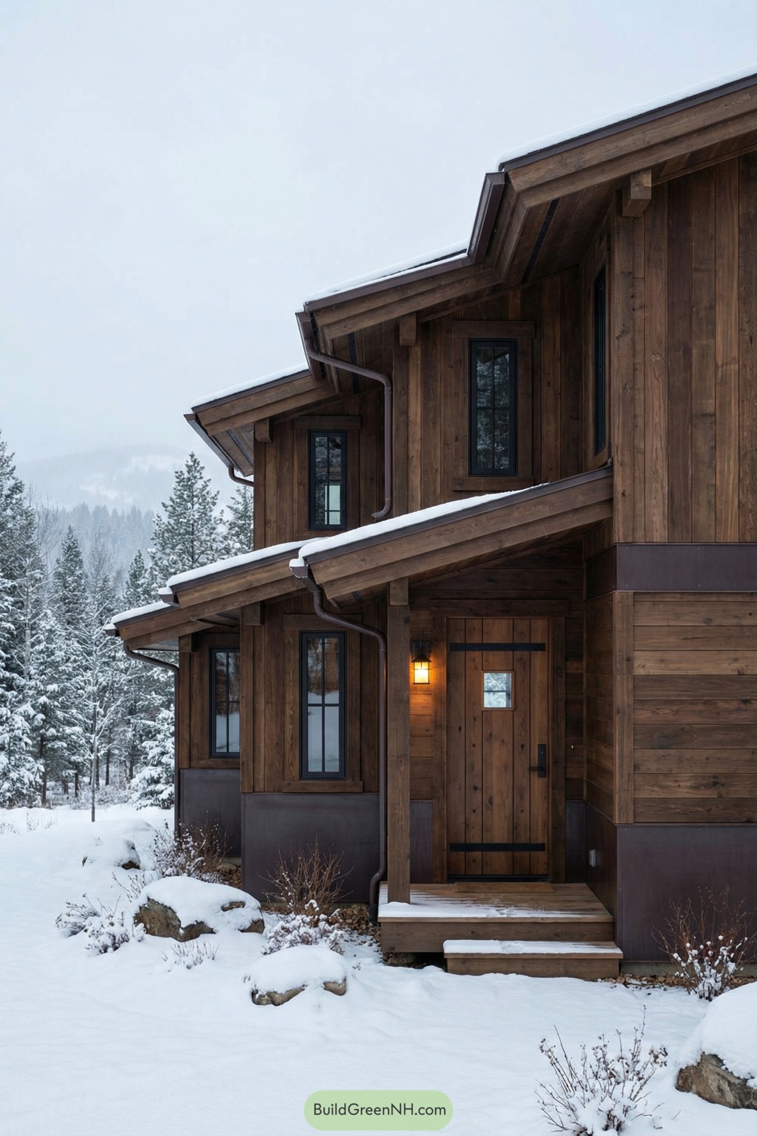 Modern rustic wooden cabin with layered roofs in snowy forest