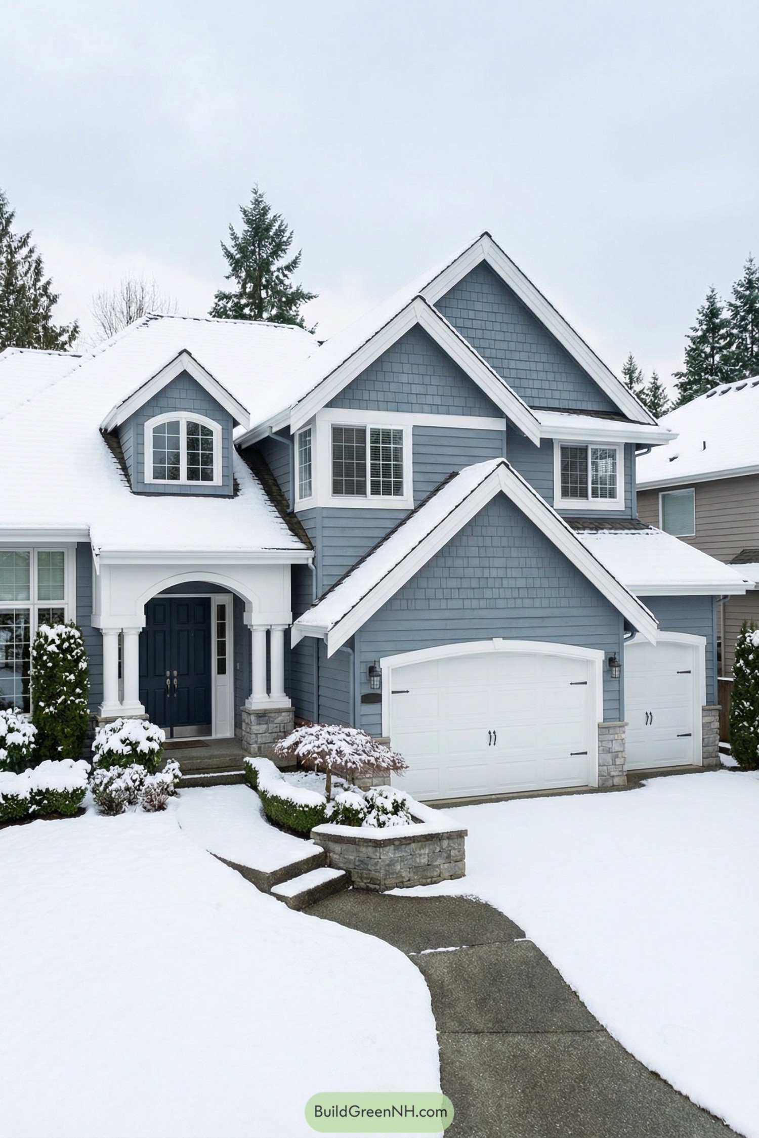 Blue two-story suburban house with white trim and snowy front yard