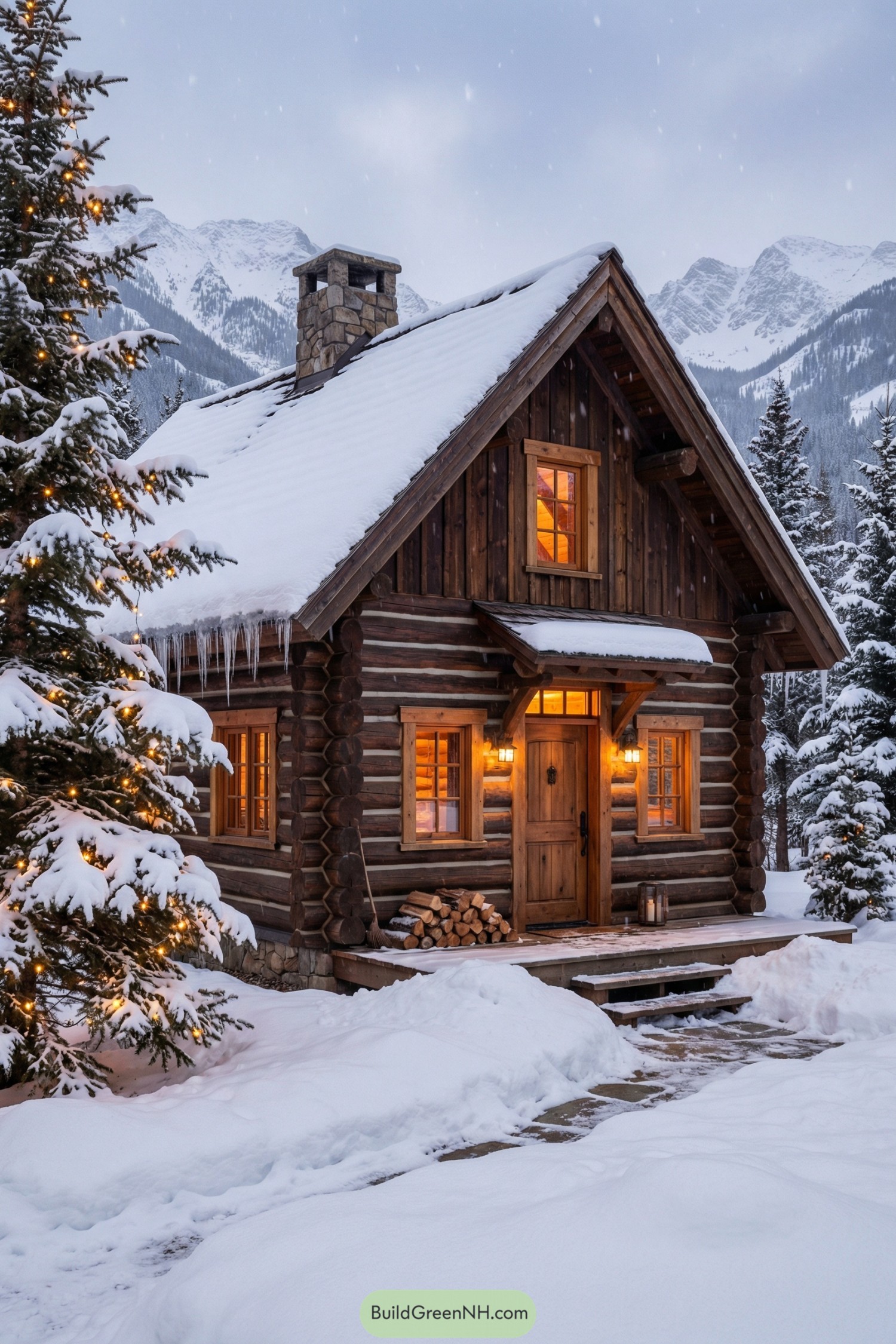 Small log cabin with glowing windows nestled in snowy evergreens and mountains