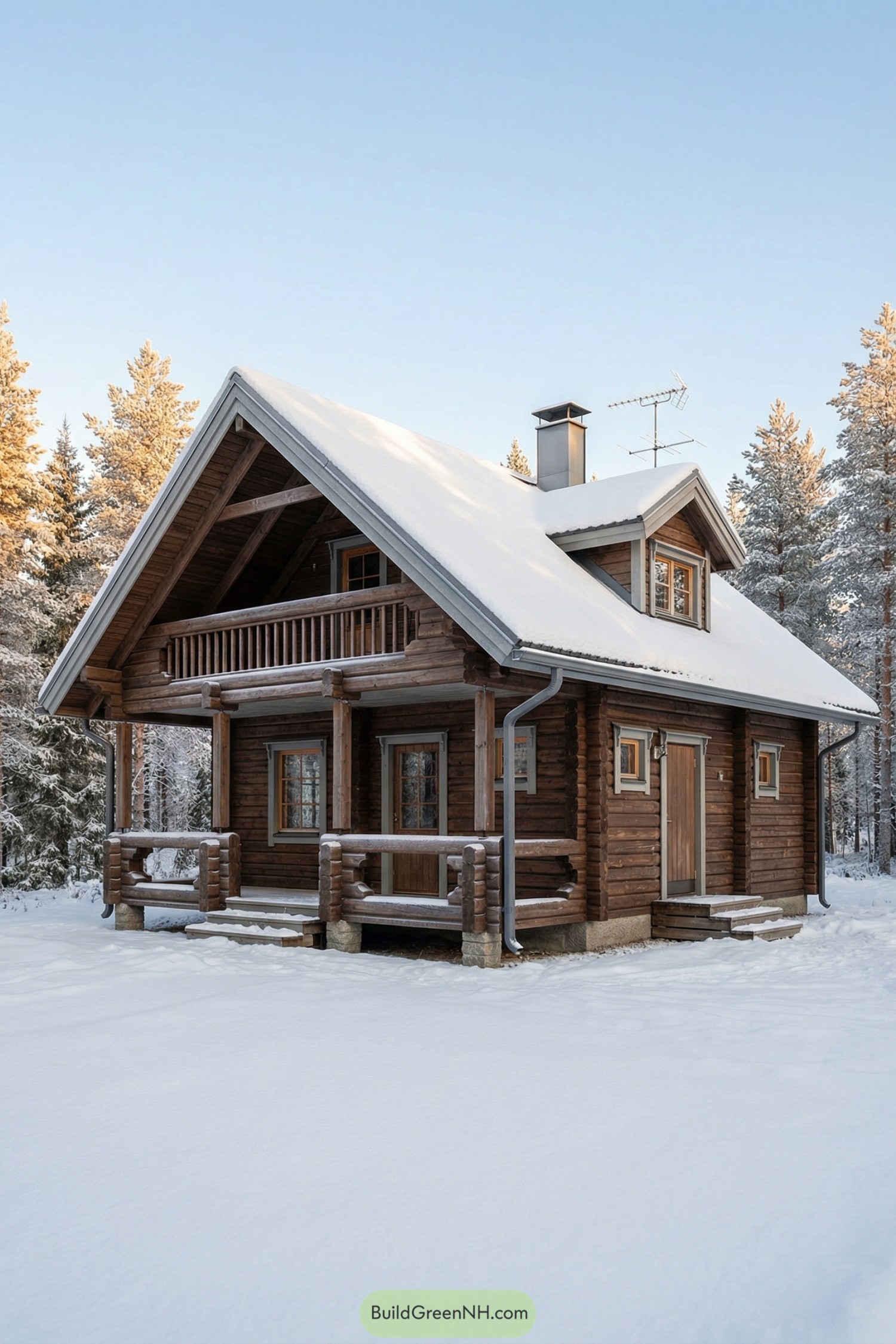 Two-story log cabin with steep snowy roof