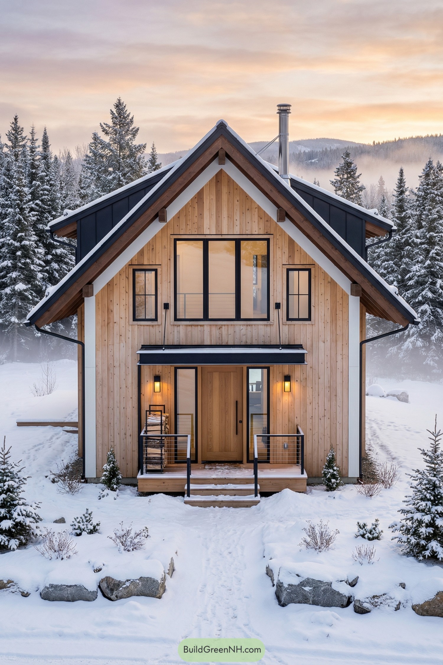 Two-story wood-clad cabin with black metal roof and large windows set in a snowy forest at sunset