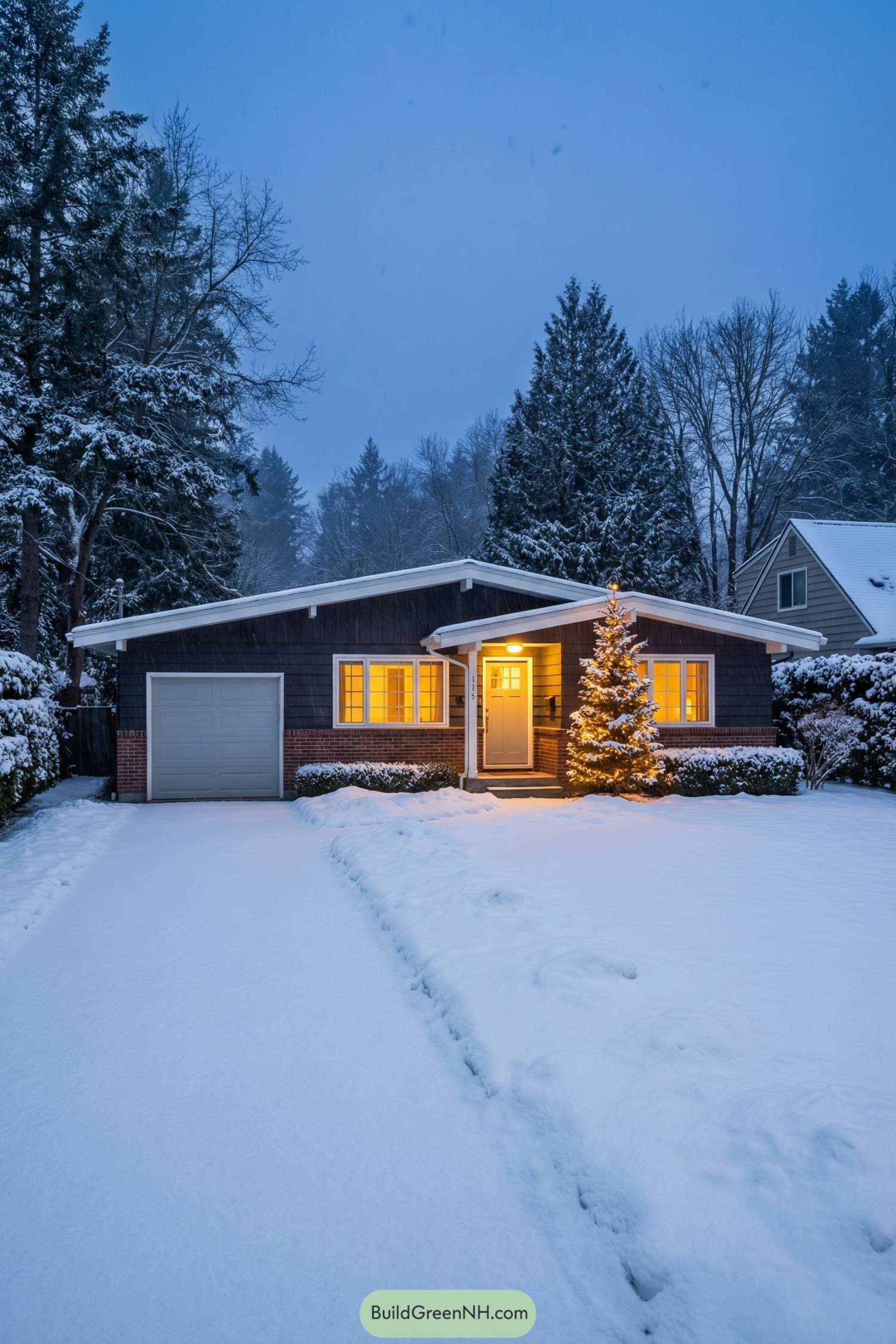 Single-story winter bungalow with lit porch and snow-covered yard