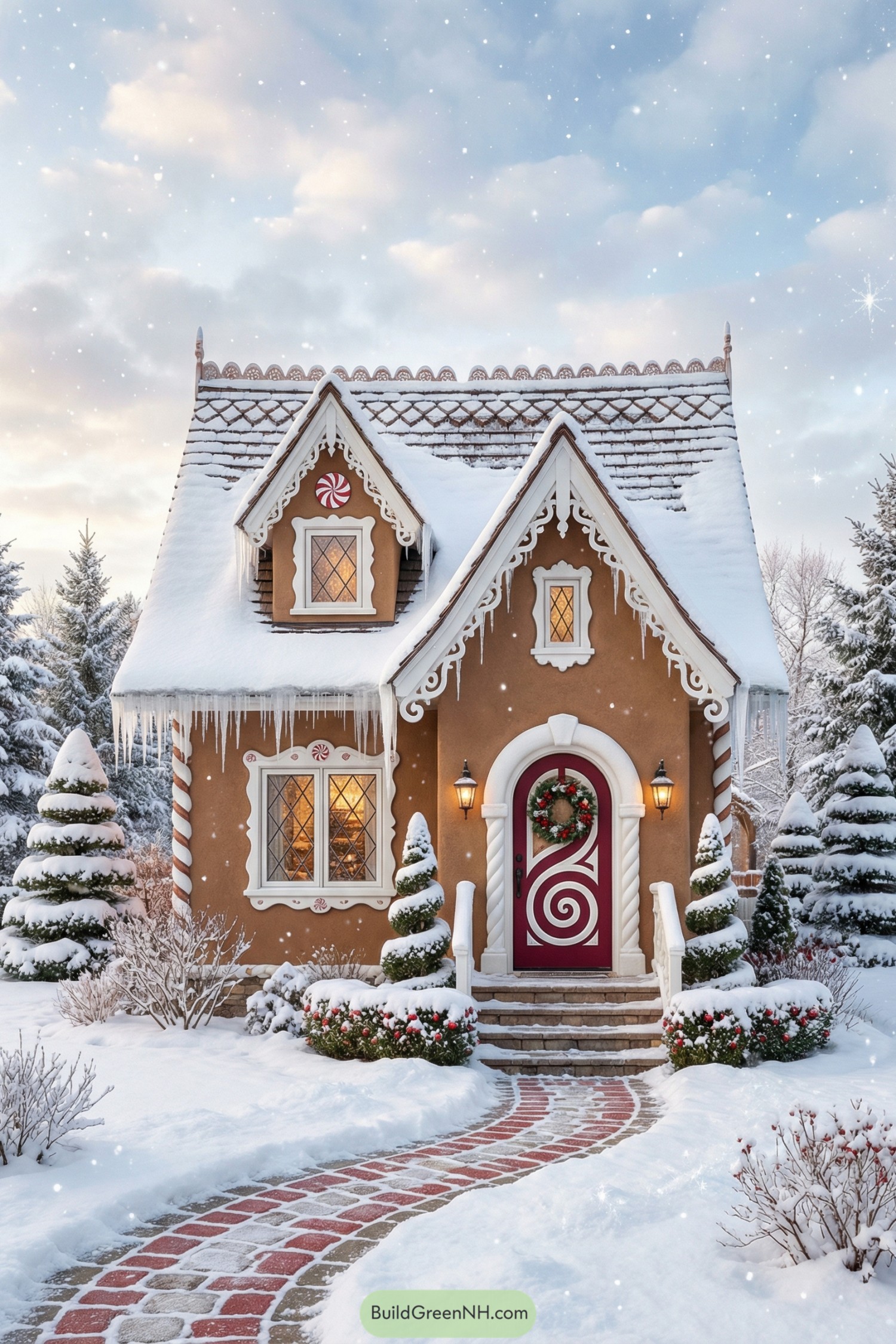 Cozy gingerbread-style winter cottage with candy-cane trim and red swirl door