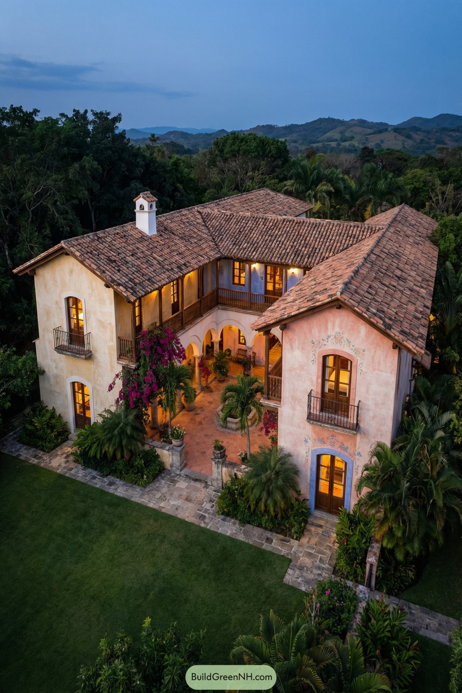 Two-story Spanish-style villa with tiled roofs and lush central courtyard garden at dusk